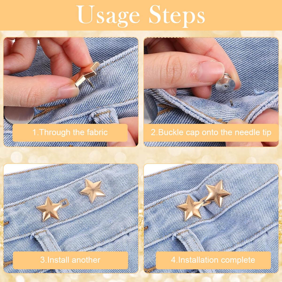 Venzina Waist Tighteners for Pants with Metal Star Buckle Set of 4 | No Sewing Required