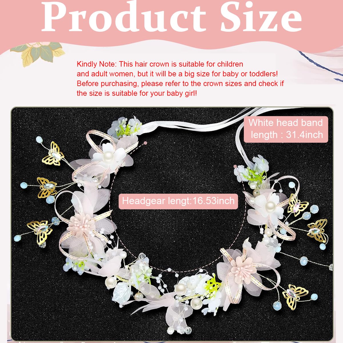 SANNIDHI Flower Crown for Girls featuring White Floral Pearls and Ribbon Fit for Weddings | Elegant Hairband Gift for Women and Kids 8 Years Old+