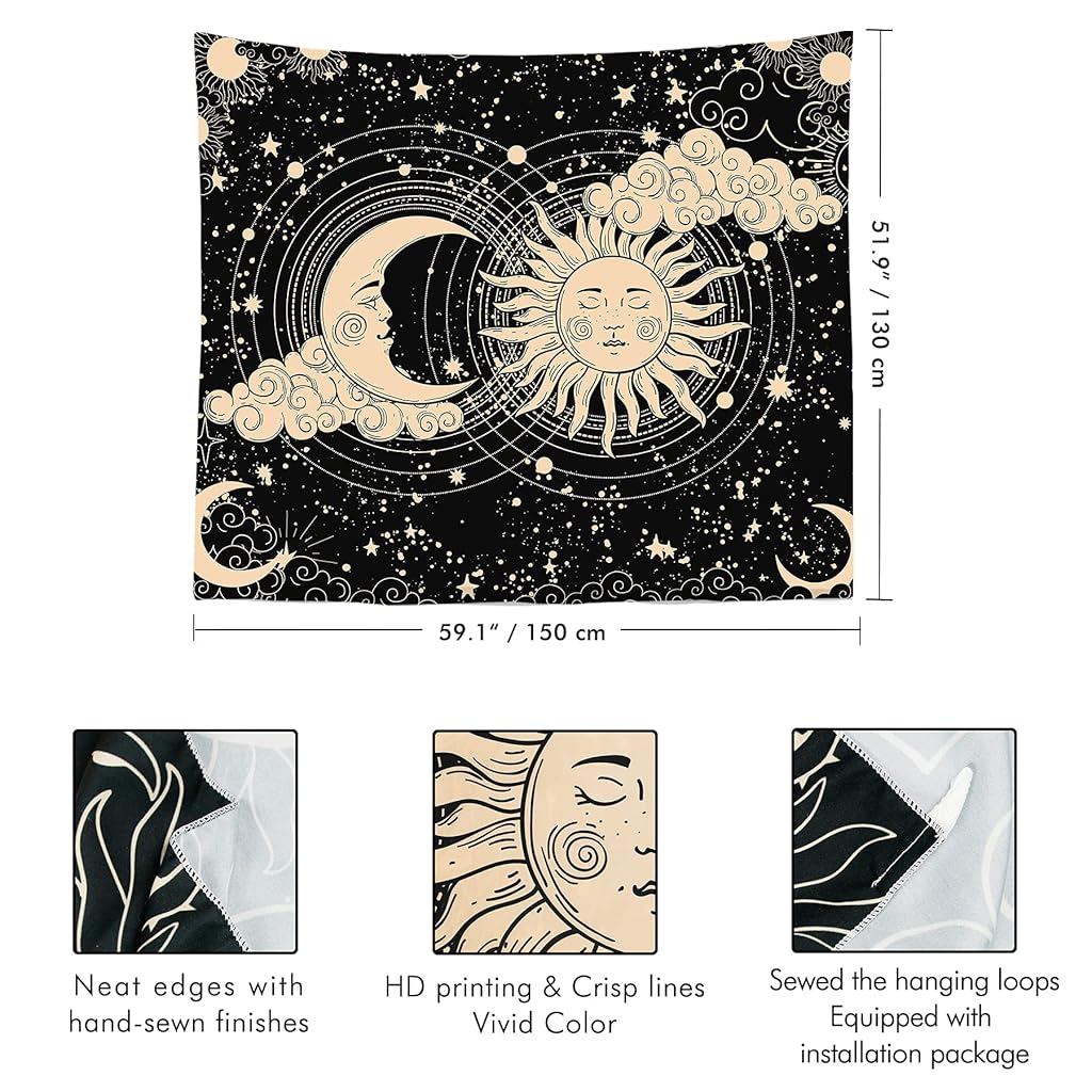 HASTHIP® Polyester Sun and Moon Tapestry Aesthetic Black Dark Spiritual Wall Art for Bedroom Living Room Decor 51