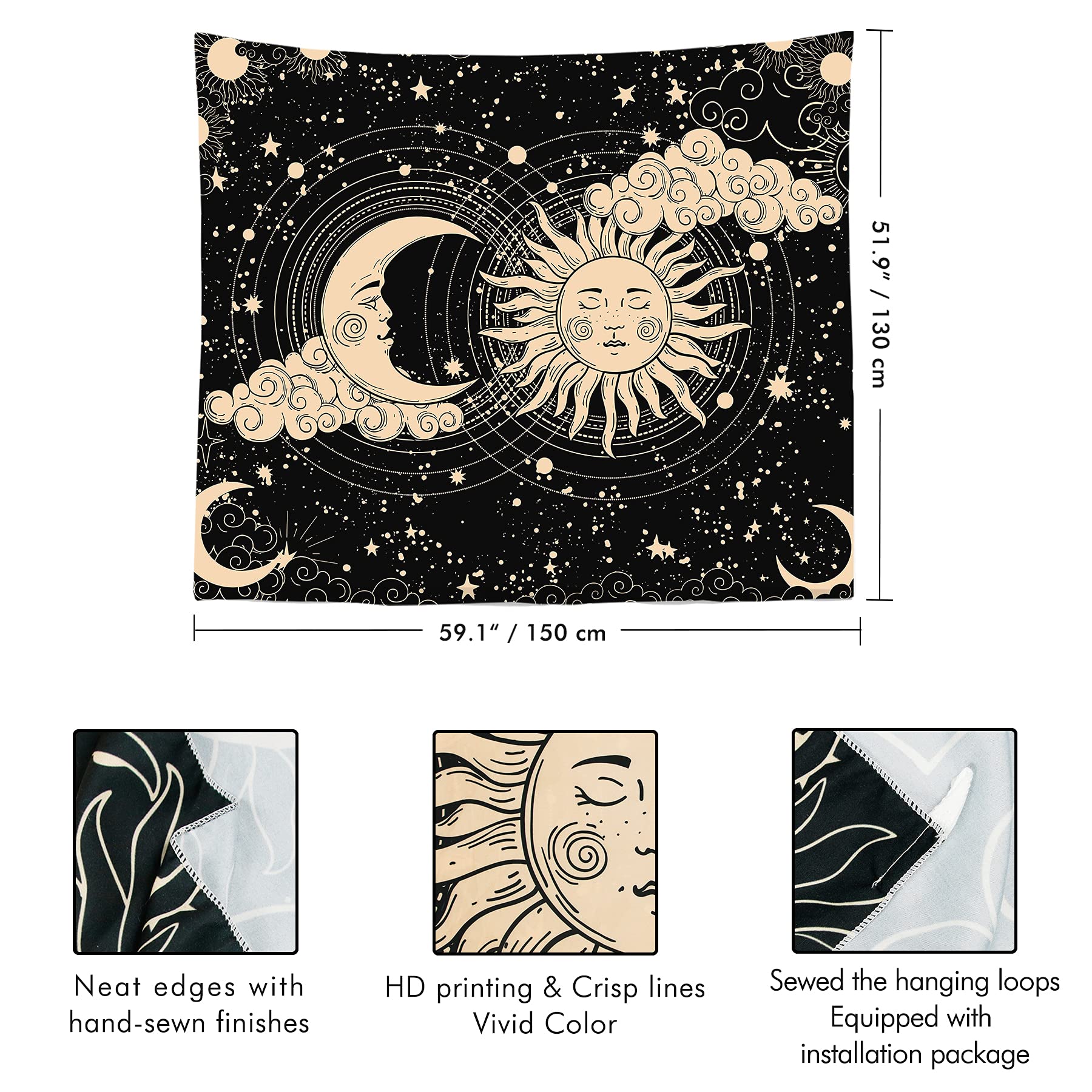 HASTHIP Sun and Moon Tapestry for Bedroom and Living Room Decor 51x59 in 3PCS Polyester Wall Art