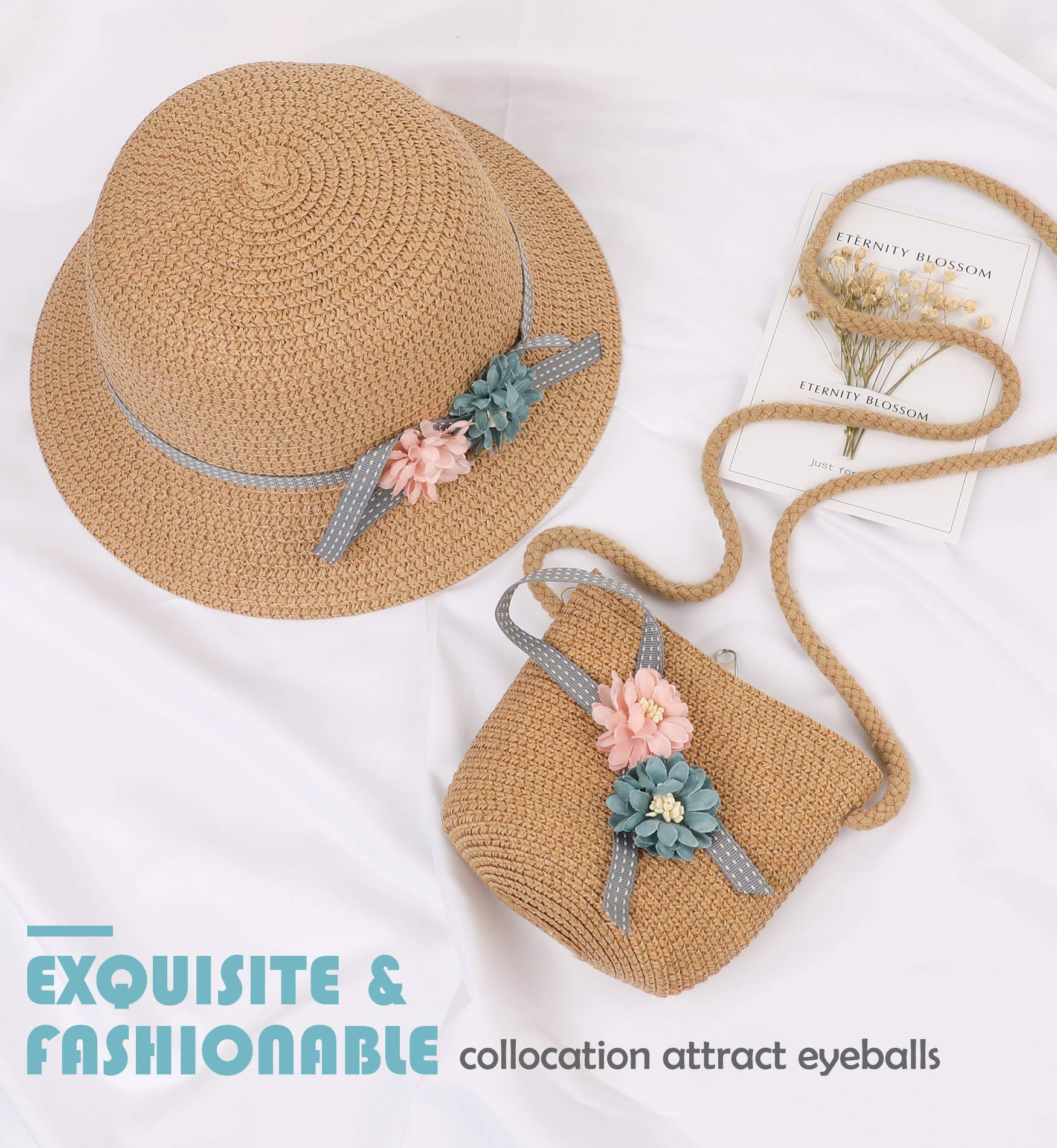 PALAY Girls Straw Beach Hat for Outdoor Travel with Matched Straw Bag in Coffee | 19-20.5 in Head Circumference