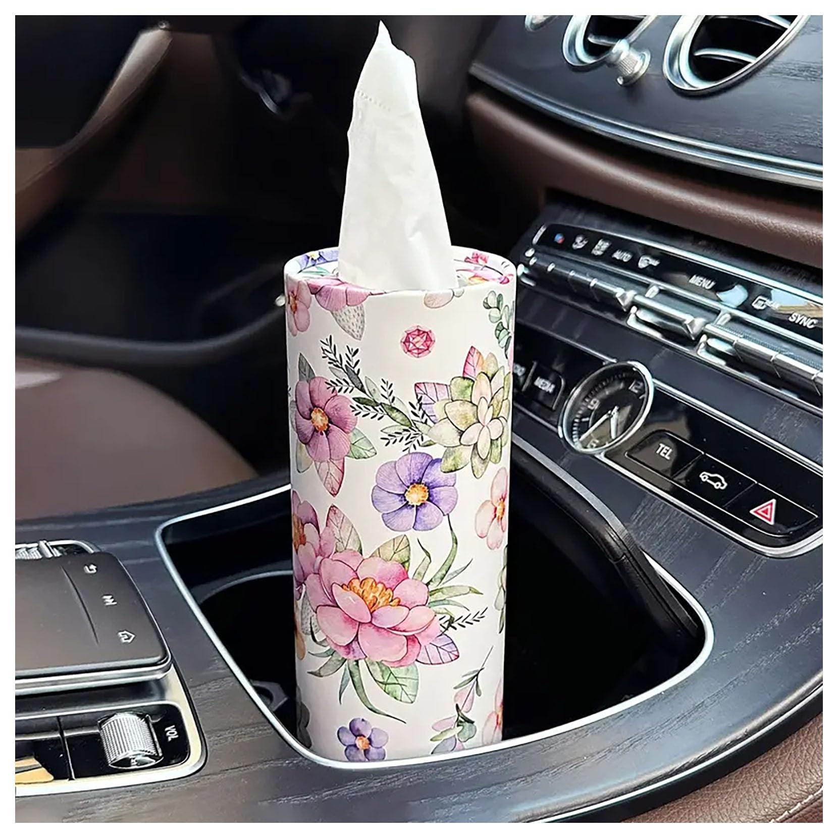 STHIRA Car Tissue Holder for Car Use featuring Floral Print and Easy Refill Design 13.3x18cm