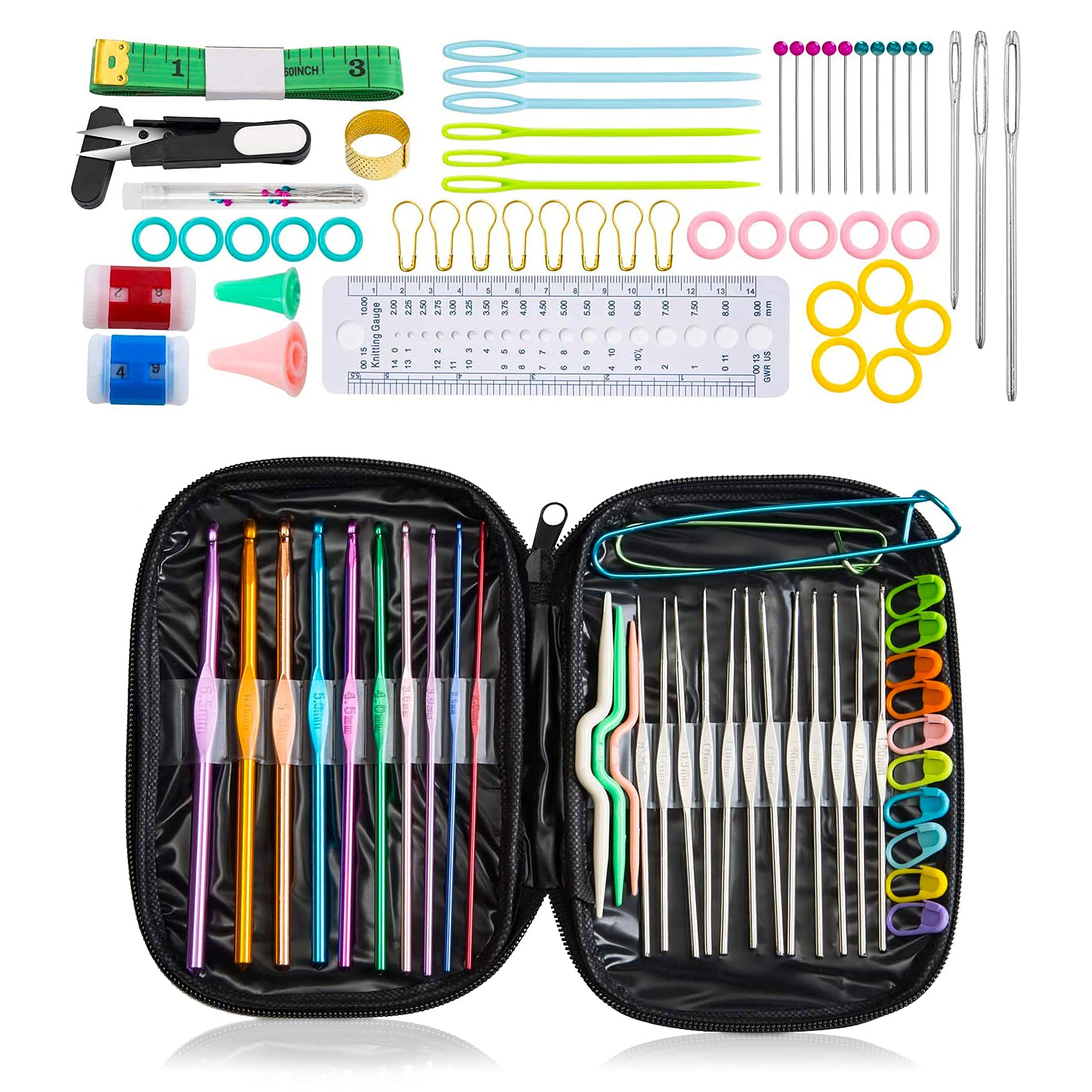 HASTHIP Crochet Hooks Set for DIY Knitting with 100 pcs Tools and 22 Sizes Aluminum Hooks | Black Case