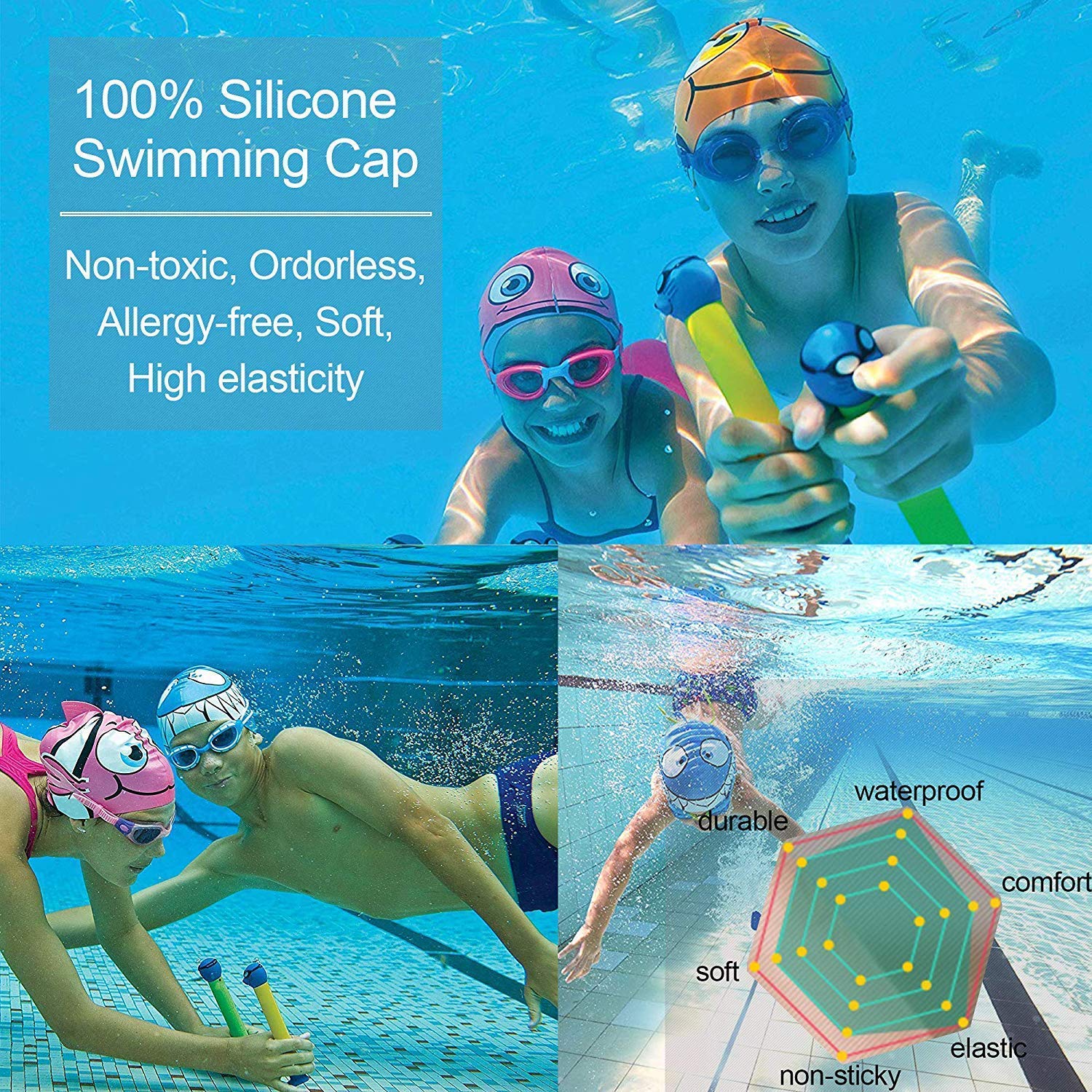 Proberos Swimming Cap for Kids with Ear Plug and Nose Clip featuring 17.5 cm Opening | Waterproof Silicone for Boys and Girls