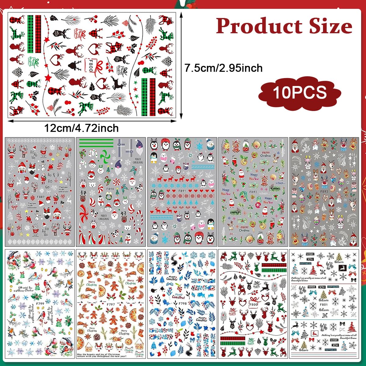 HASTHIP® 10 Sheets Nail Art Decal DIY Christmas Nair Art Decals Sticky Nail Art Decals Christmas Assorted Christmas Santa Claus Theme Series Nail Decals Creative Nail Art Sticker for Christmas, Party