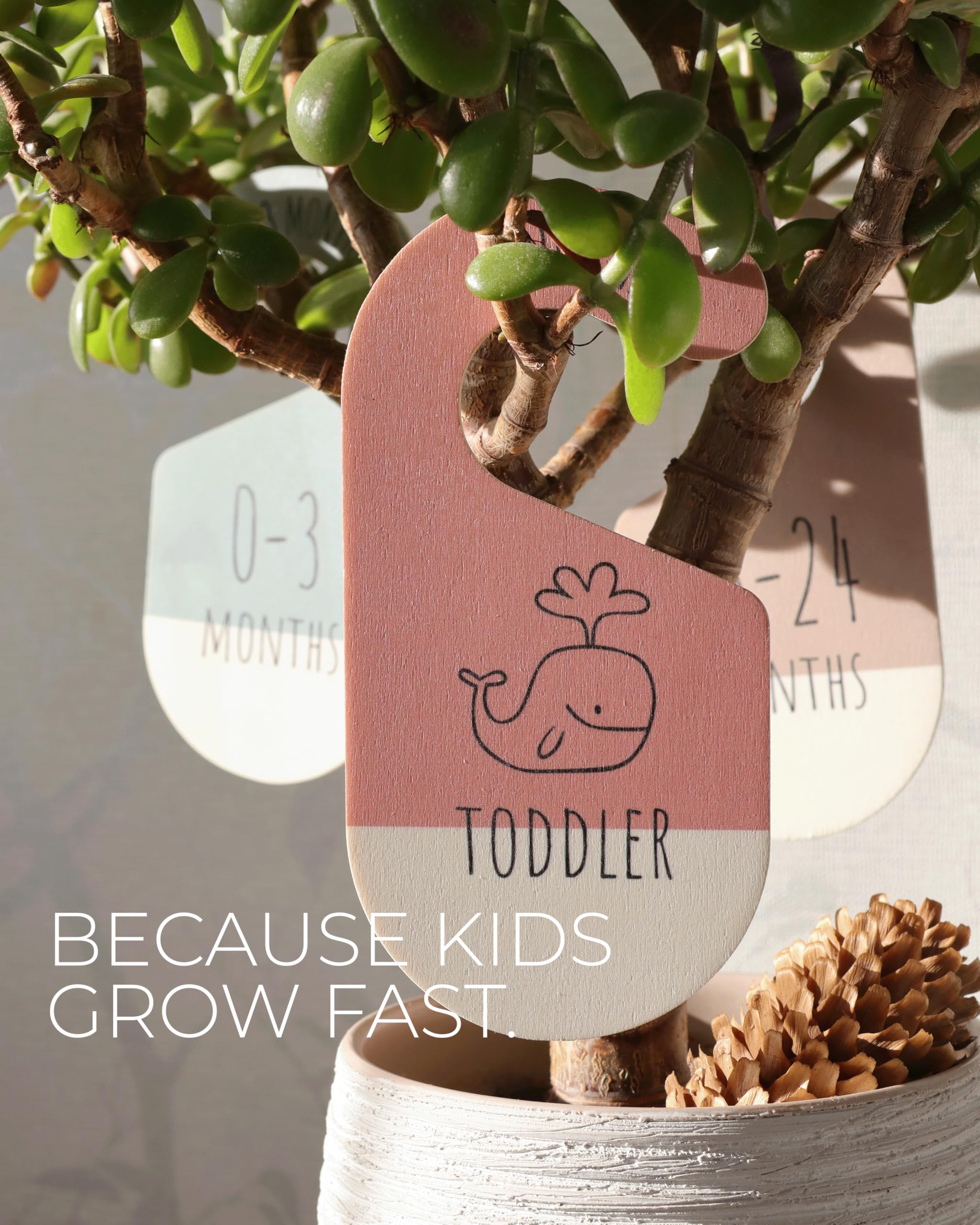 SNOWIE SOFT Baby Closet Dividers for Nursery Organization featuring Smooth Wooden Cartoon Design | 8pcs Hanging Size Markers for Newborn to 24 Months