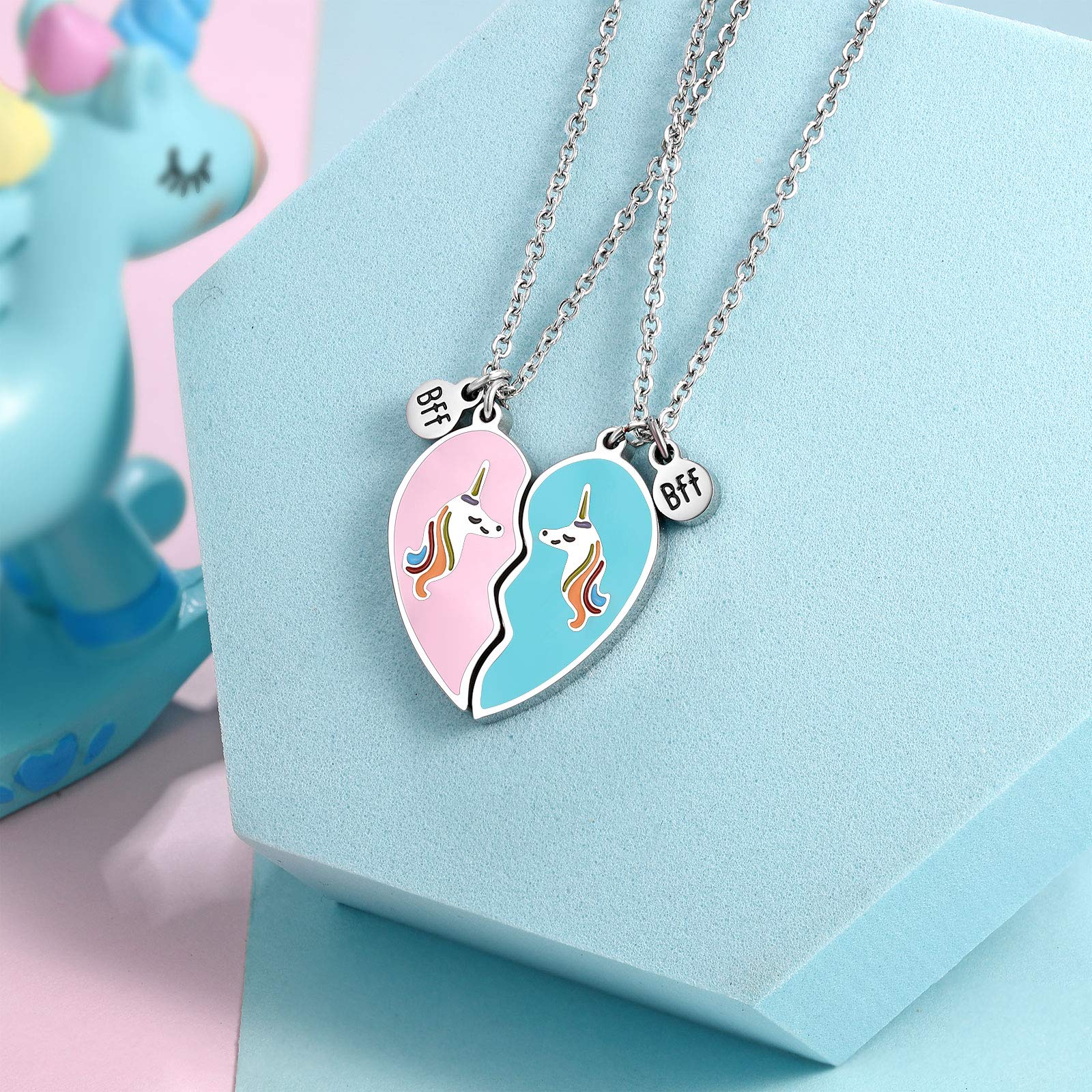 ZIBUYU Unicorn BFF Friendship Necklace Set for 2 Girls with 17.7 in Chain | Pink and Blue Heart Pendant