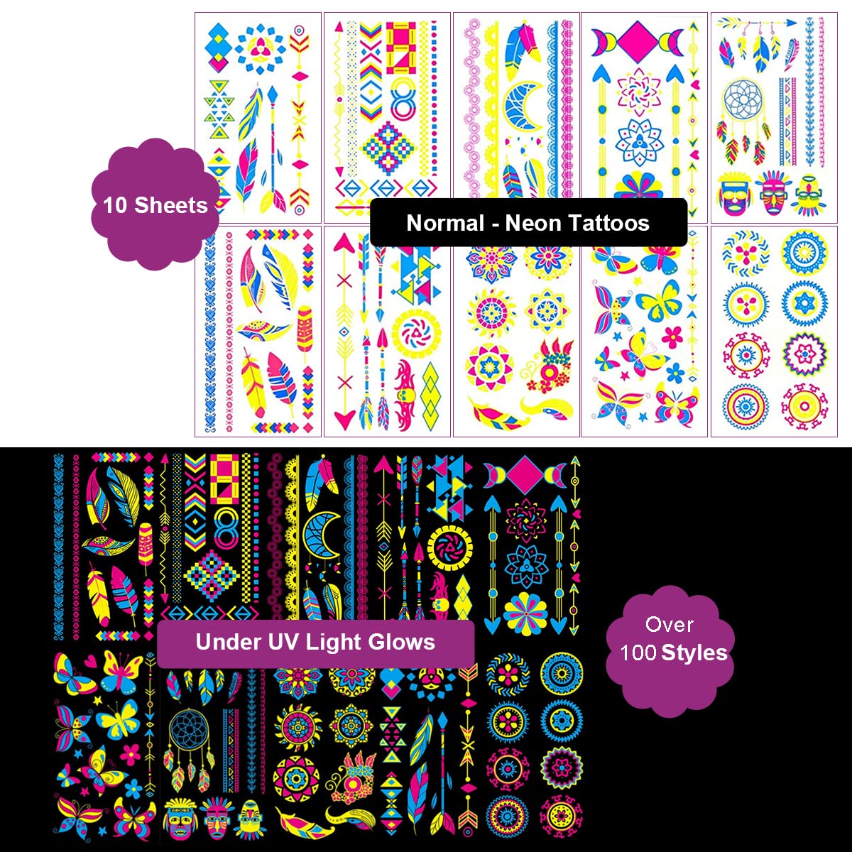 MAYCREATE Temporary Tattoos Stickers for Party and Rave featuring 10 Sheets 17×9.6cm Glow in the Dark Designs | Waterproof UV Neon Body Art for Men and Women