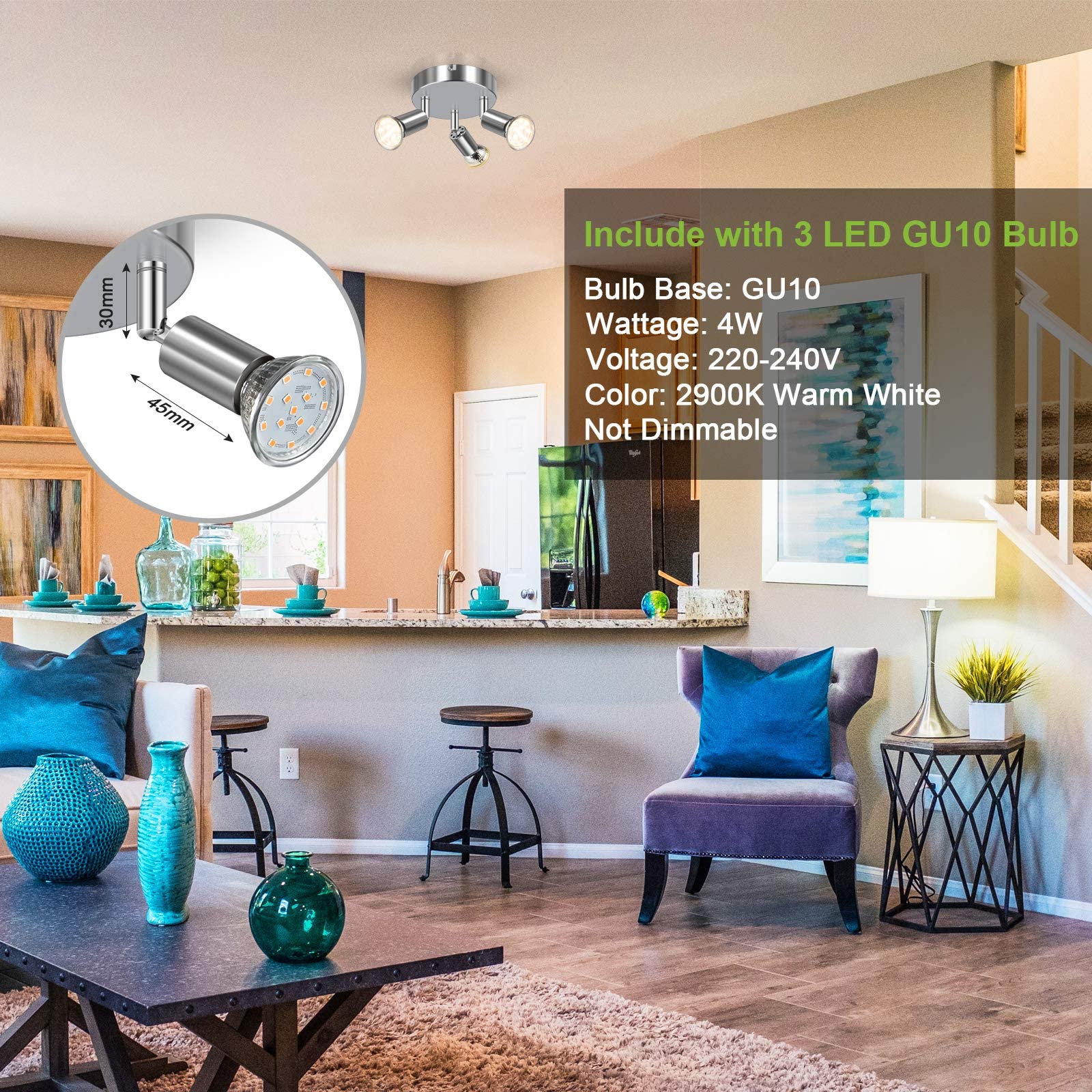 Verilux LED Ceiling Light for Kitchen and Living Room with 3 Rotatable Spots including 3 GU10 4W Bulbs | White Chrome Adjustable Round Plate