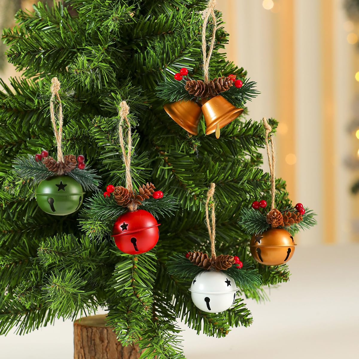 HASTHIP Christmas Jingle Bells for Tree and Home Decor featuring Hemp Rope Hanging | 5PCS 3.9 in Metal Ornaments