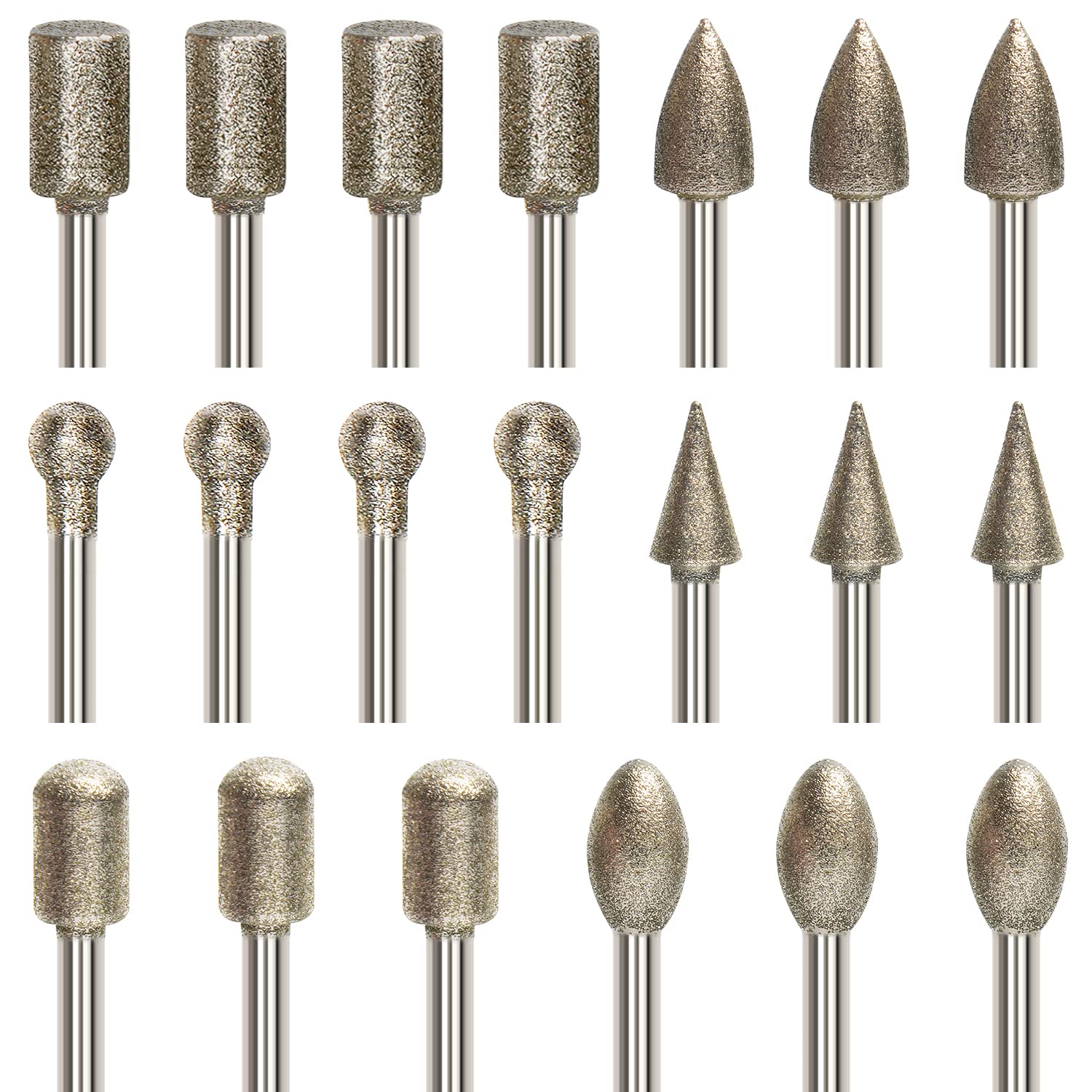Serplex® 20Pcs Diamond Drill Bit Set, Stone Carving Rotary Tool Polishing Bits with 1/8-inch Shank, 6 Designs, Flat-faced Head, Spear Tip Bits, Ball Tips Bits, Tapered Bits, Round Bits, Oval Tips