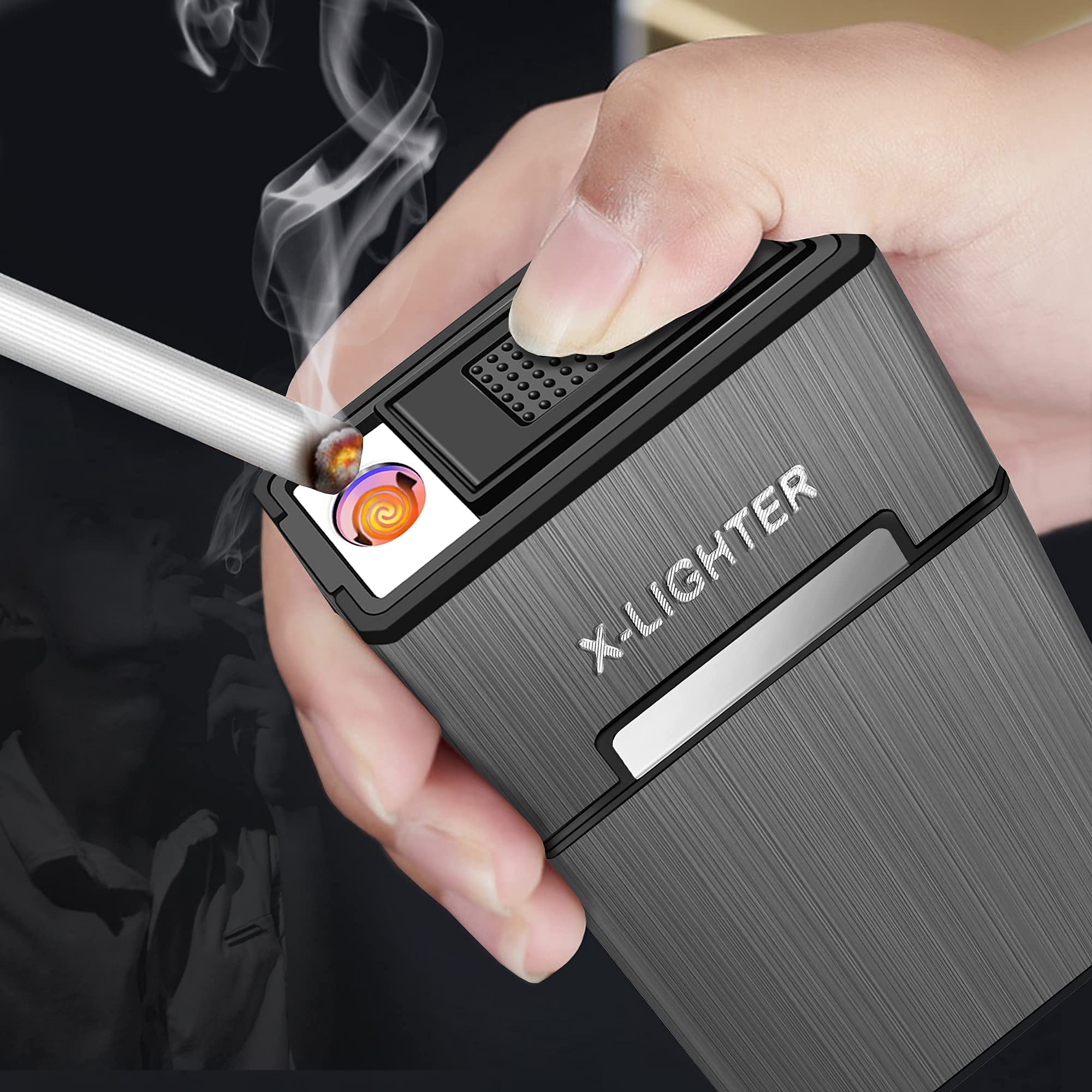 ELEPHANTBOAT Cigarette Case for 20pcs Cigarettes with USB Flameless Lighter and Magnetic Cap | Golden Brushed Aluminum Design