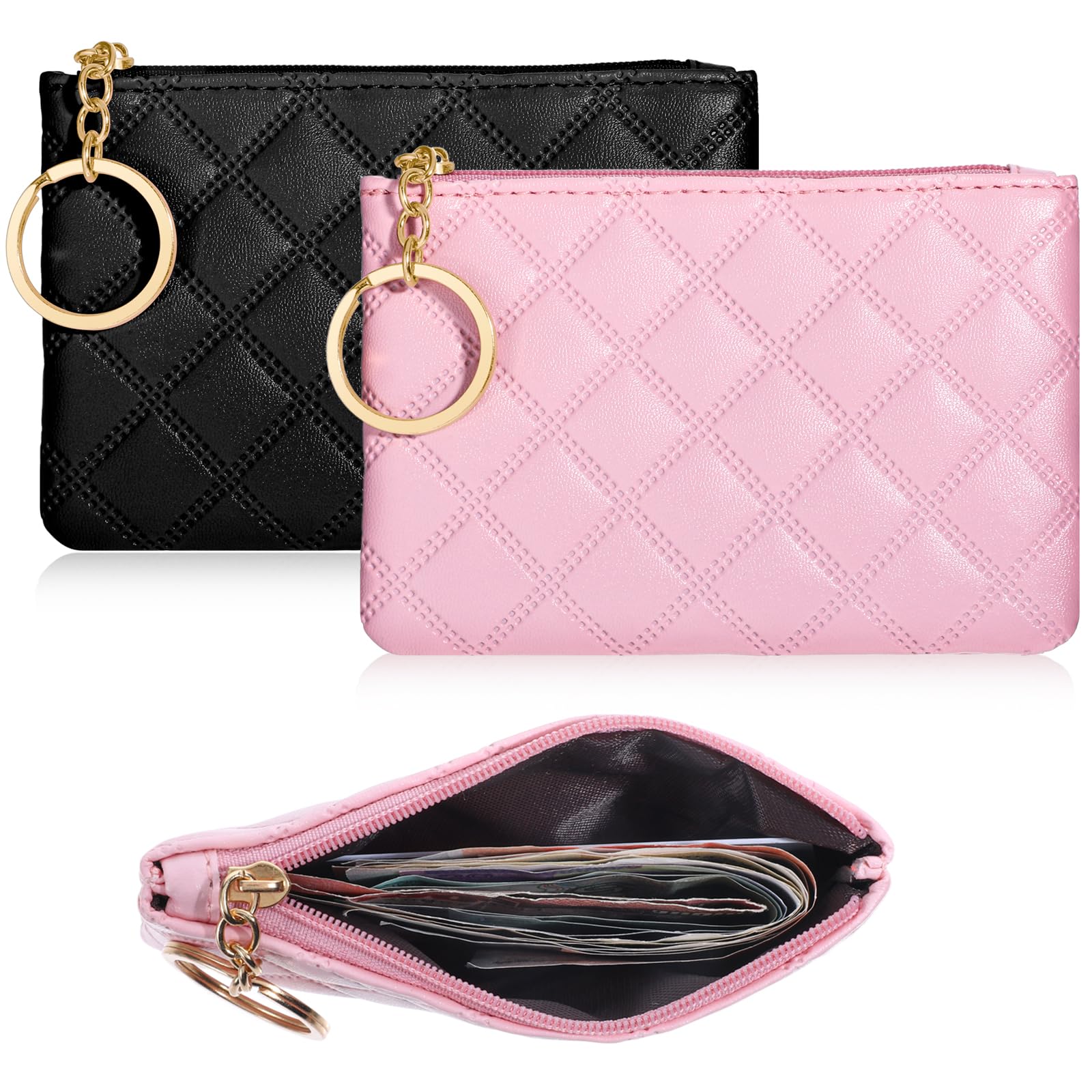 PALAY® Small Coin Purse 2Pcs Rhombus PU Zipper Coins Bag Portable Wallet Keychain Mini Coin Bags for Women & Men