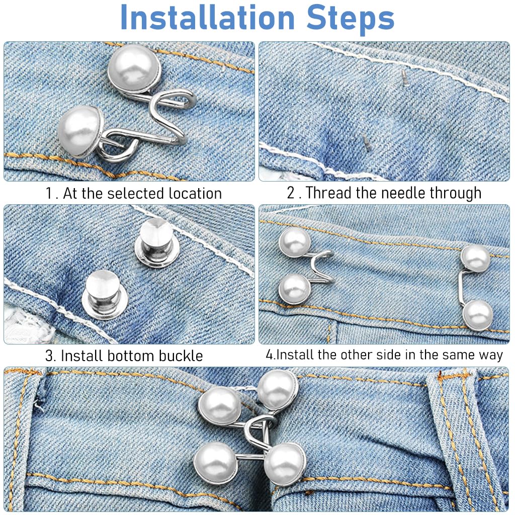 Venzina® 4 Pairs Jeans Button Pants Adjustable Waist Buckle, Instant Buttons for Loose Jeans, No Sewing Pant Waist Tightener Pins - Pearl & Crystal Style