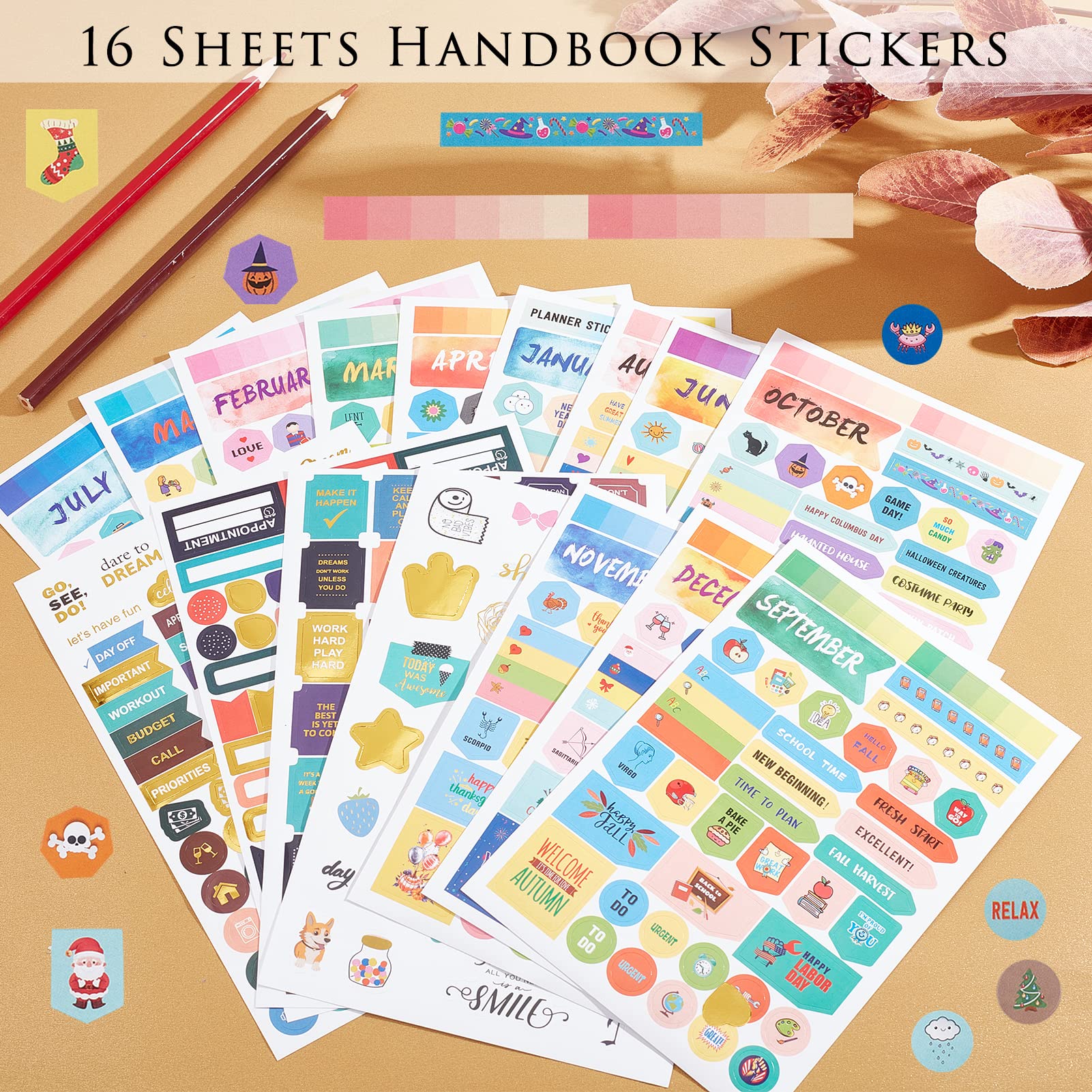 HASTHIP Planner Stickers for Calendar and Scrapbooking with 16 Sheets | Self‑Adhesive Paper
