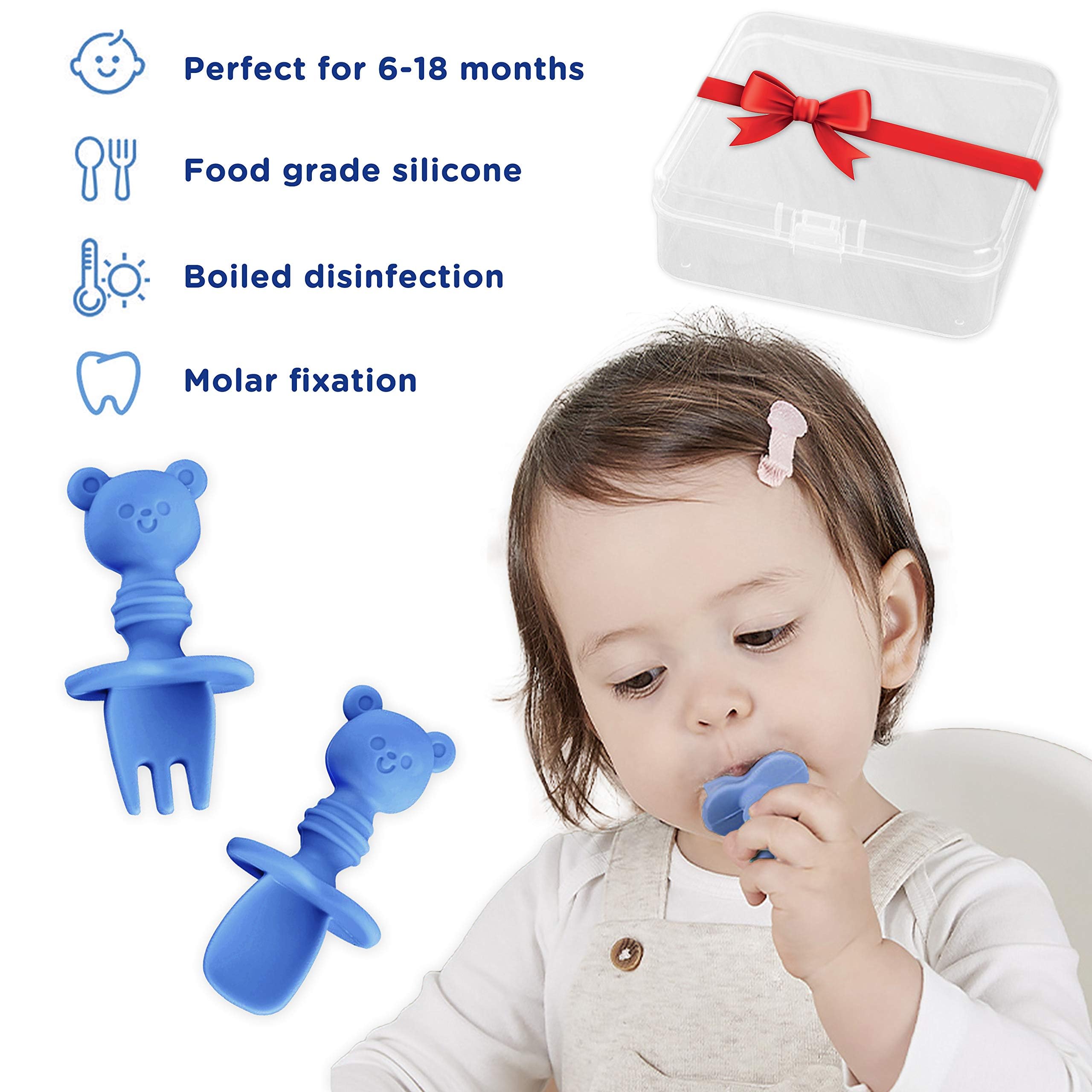 SNOWIE SOFT Baby Fork and Spoon Combo,Creative Cartoon Design, BPA-Free Food-Grade Silicone Material, Comfy Gripping First Tableware for Baby Feeding Complementary Food for Toddler,