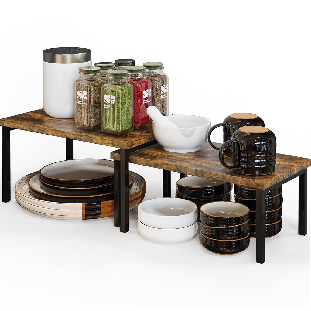 HASTHIP® 2Pcs Desk Shelf Organizer Kitchen Countertop Storage Shelf, Cabinet Space Saver Organizer for Cup, Seasoning Jar, Modern Minimalist Wooden Storage Desk Shelf Organizer