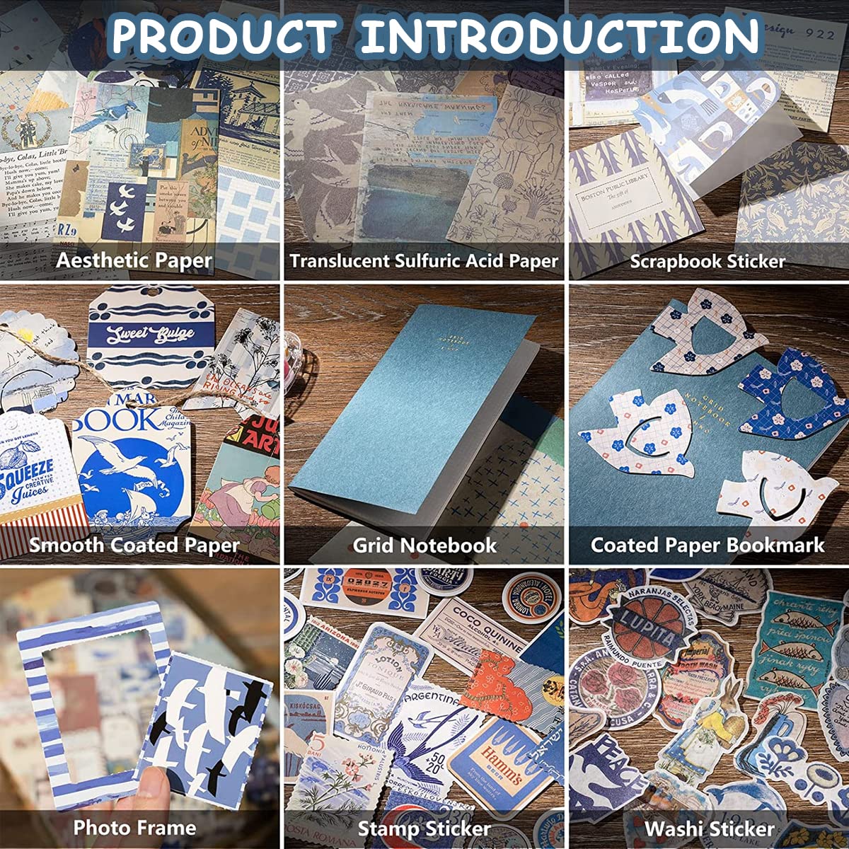 HASTHIP Scrapbook Stickers Kit for Journaling with 84 Paper Pieces including Notebook and Frames | Blue Vintage DIY Supplies