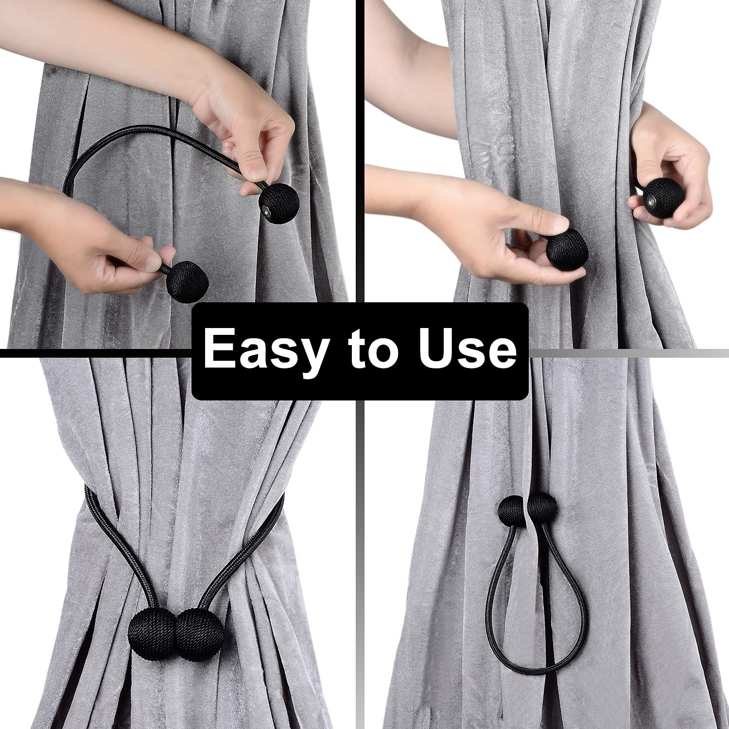 HASTHIP Magnetic Curtain Tiebacks Pack of 2 for Home and Office with 16in Rope | Eco-Friendly Woven Black Holdbacks