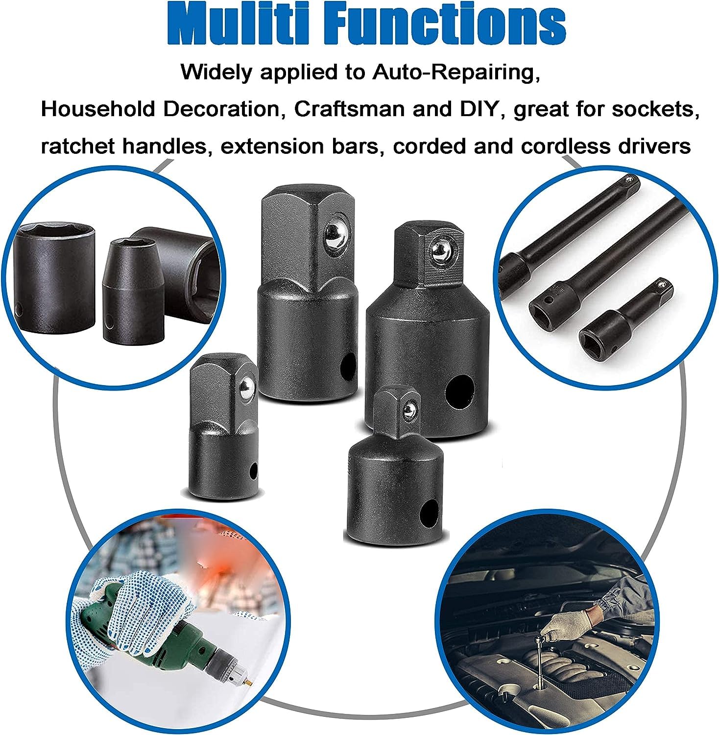 Serplex Socket Adapter Reducer Set for Wrench Drive Size Changes with 4 Pieces Chrome Vanadium Steel