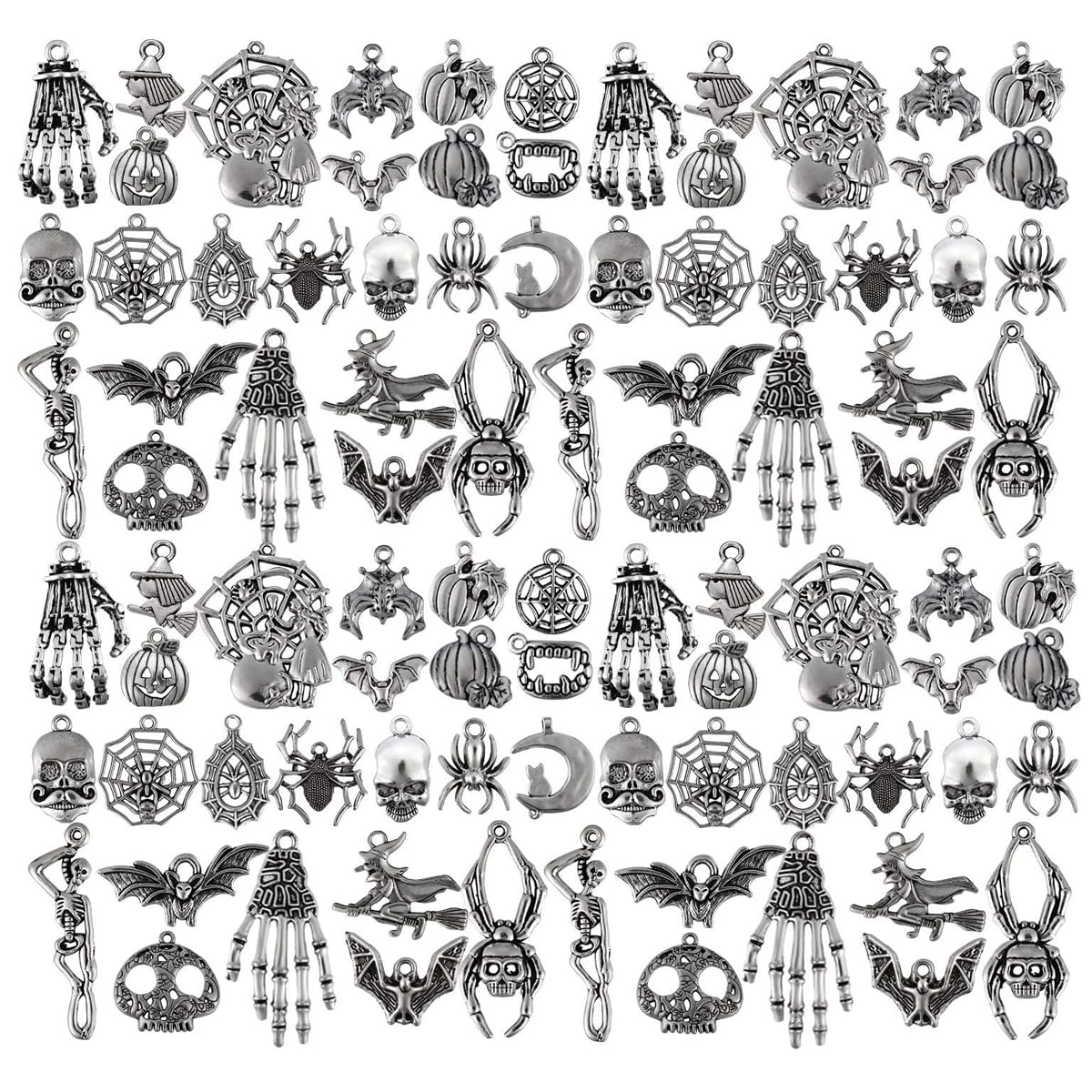 SANNIDHI Charms for Jewellery Making featuring 80pcs Alloy Silver Halloween Pendants | DIY Necklace and Bracelet Kit