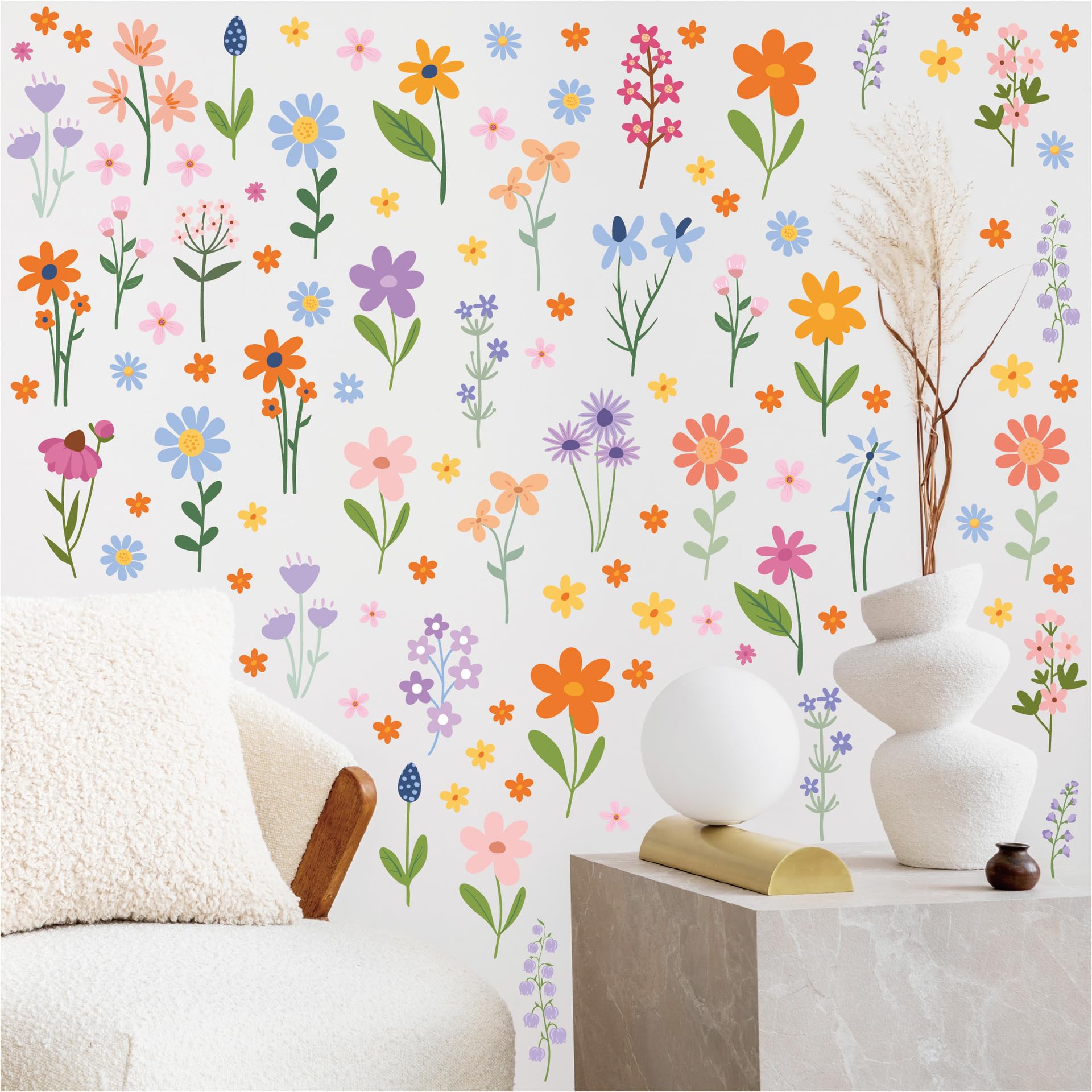 HASTHIP® 8 Sheets Flower Wall Decals 102 Pcs Spring Themed Wildflower Wall Stickers Peel and Stick Fairy Floral Wall Decor for Girls Bedroom Living Room Nursery Home