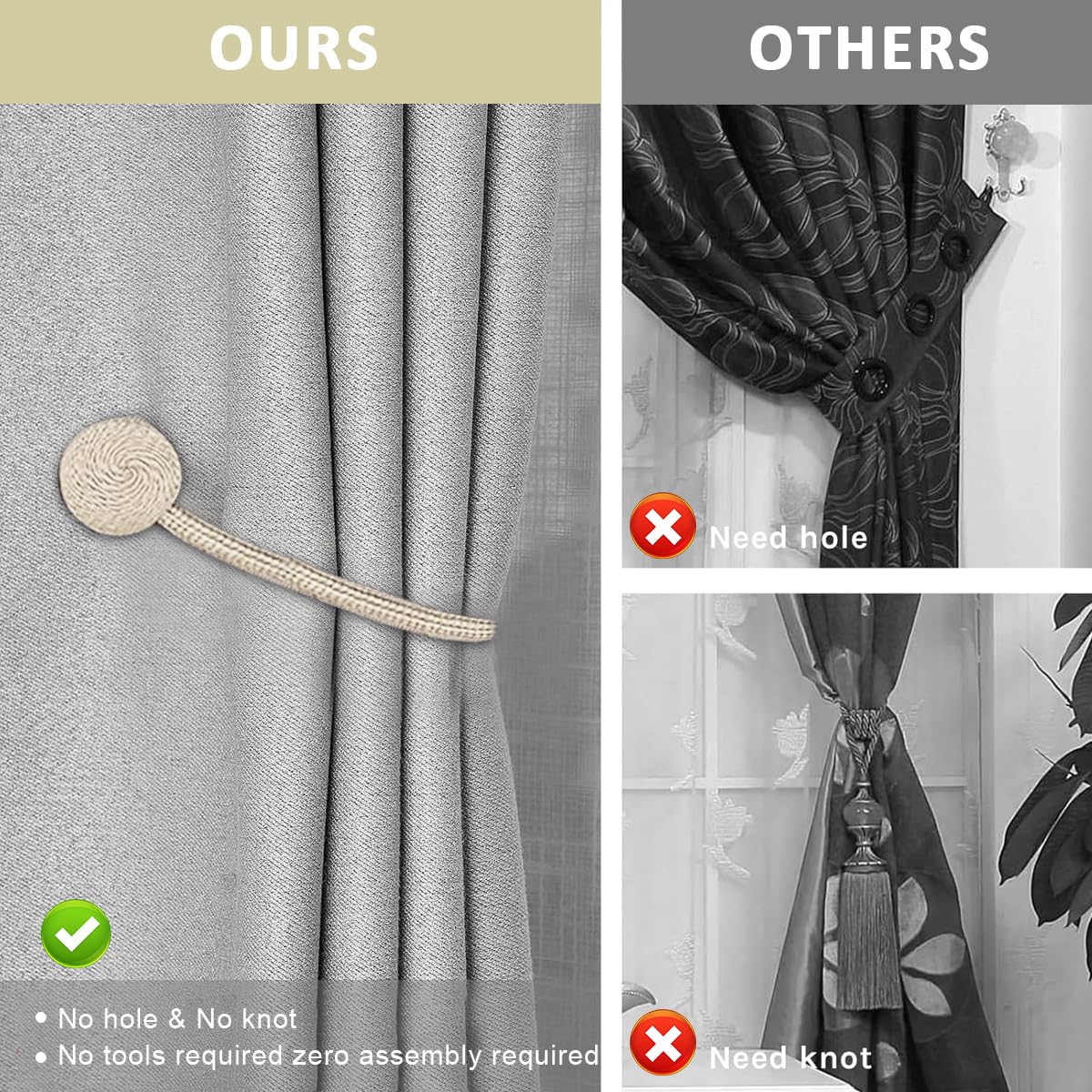 HASTHIP Magnetic Curtain Tiebacks for Home and Office Featuring 40cm Rope & Anti Rust Magnets | 8Pcs Beige Set