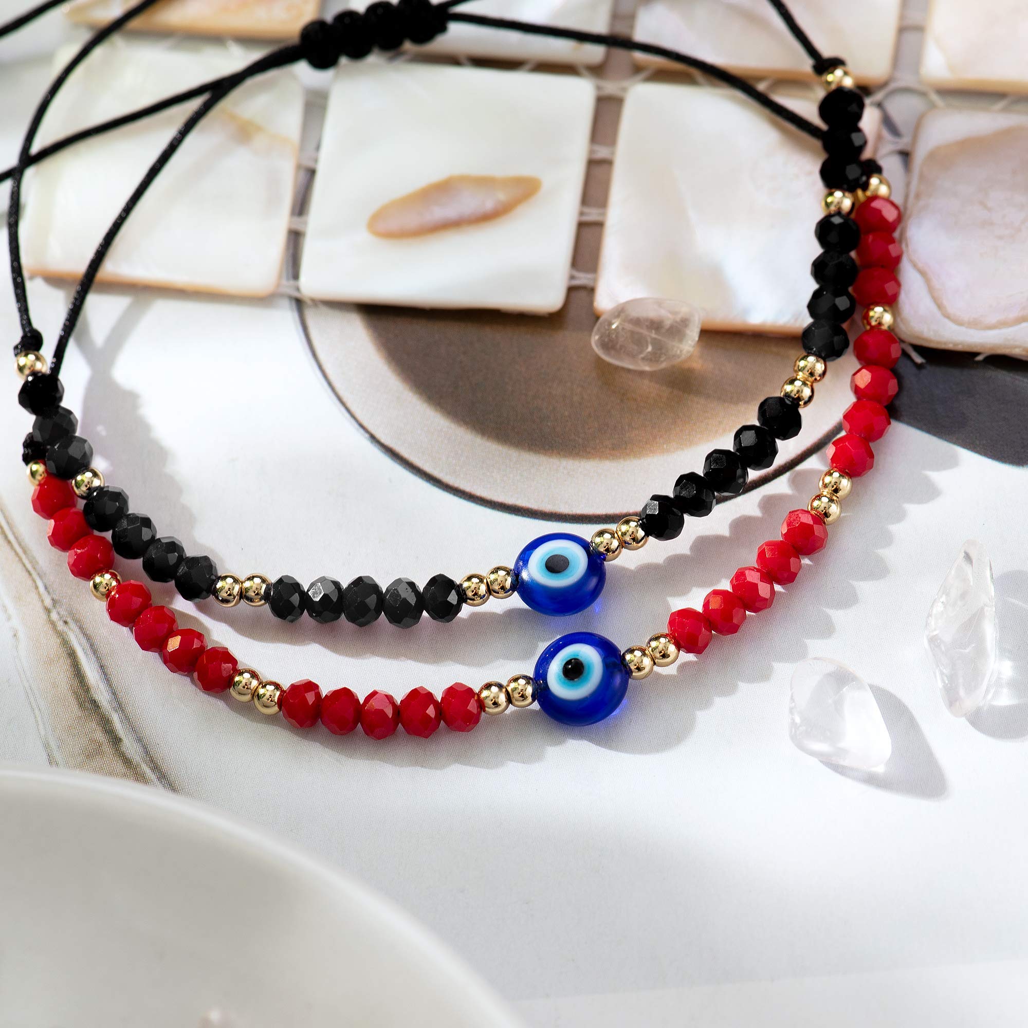 GUSTAVE® Black & Red 2pcs Evil Eye Beaded Bracelets with Blue Sapphire Adjustable String Amulet for Women,Men,Girls & Couple