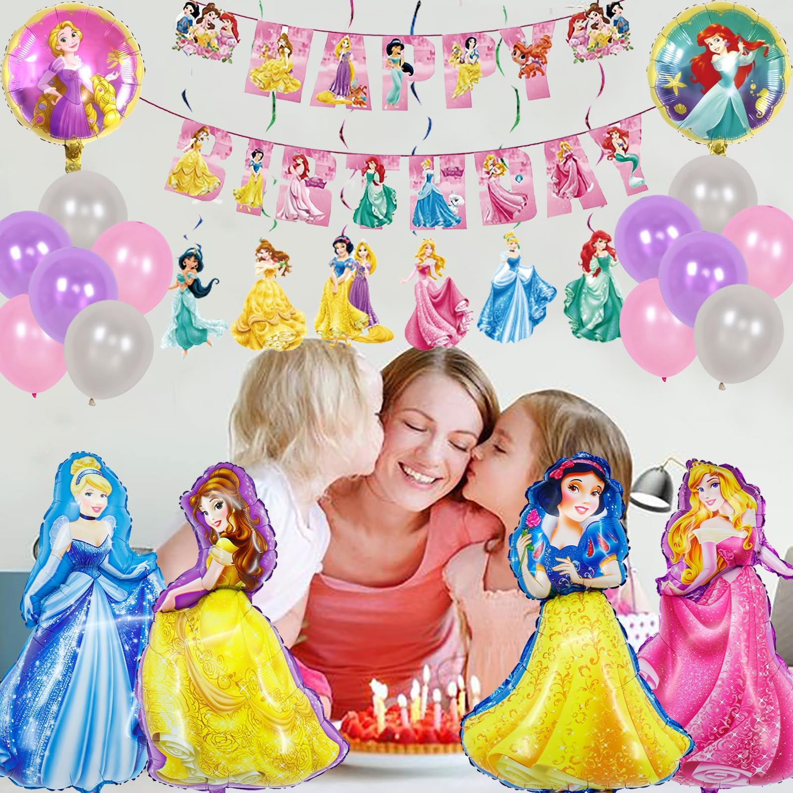 HASTHIP Princess Birthday Decoration Kit for Girls with 46 Pcs Banner and Hanging Decor | Pink Gold Party Supplies