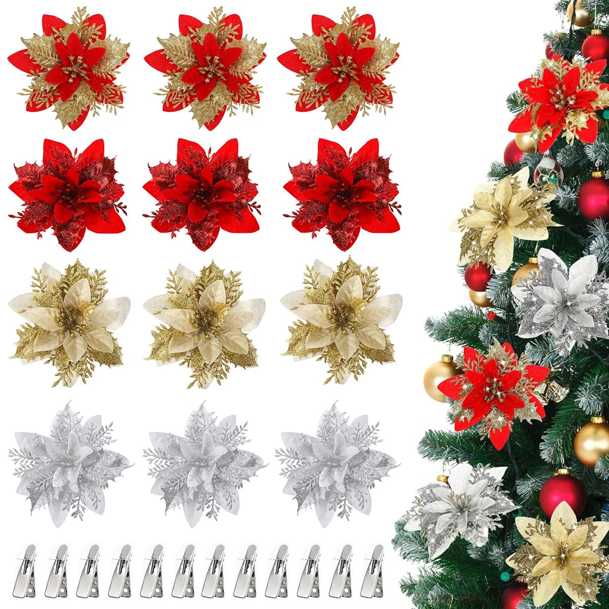 HASTHIP® 12Pcs Christmas Poinsettias 5.5 inches Glittering Artificial Poinsettias 4-Designs Golden and Red Christmas Poinsettias Christmas Poinsettias Flowers Christmas Home Decor