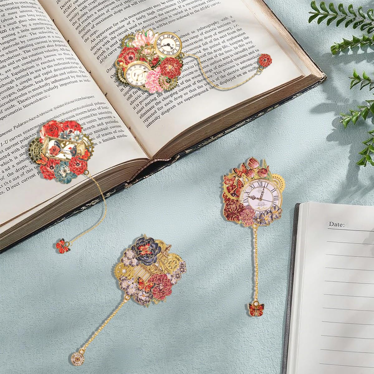 OFIFO Bookmarks Set for Reading with Pocket Watch Inspired Pendant Chain | 4PCS Metal Gift