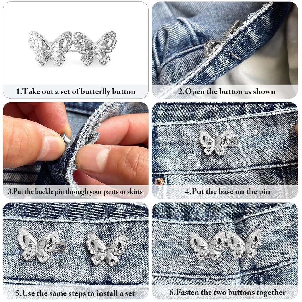 ZIBUYU Jeans Adjustable Button Pins for Waist Size Adjustment featuring Butterfly Design | 4 Pairs Alloy No Sewing Pins for Jeans and Skirts