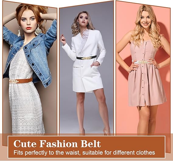 ZIBUYU® Waist Belt for Women Stretchy Waist Belt Golden Leaf Charm Inter-Lock Buckle Design Fashion Women Waist Belt Decorative Dress Belt, Suit Belt, Blazer Belt, Shirt Belt, Orange Brown Color
