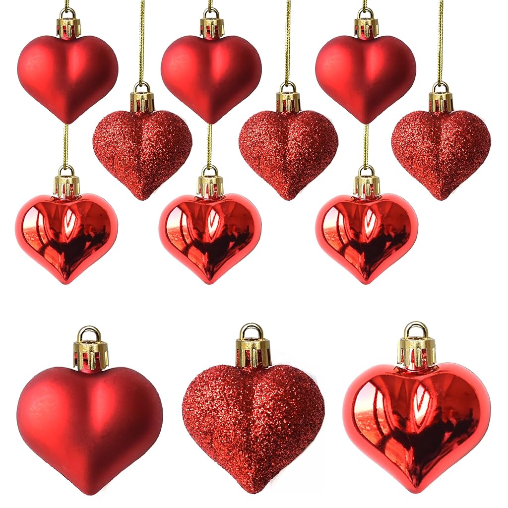 HASTHIP® 12-Pack Red Heart-Shaped Ornaments Set, Matte/Glitter/Shiny Mix with Gold Hanging Loops, Romantic Decorative Baubles for Christmas Tree, Valentine's Day & Home Decor, 5x4.5cm.