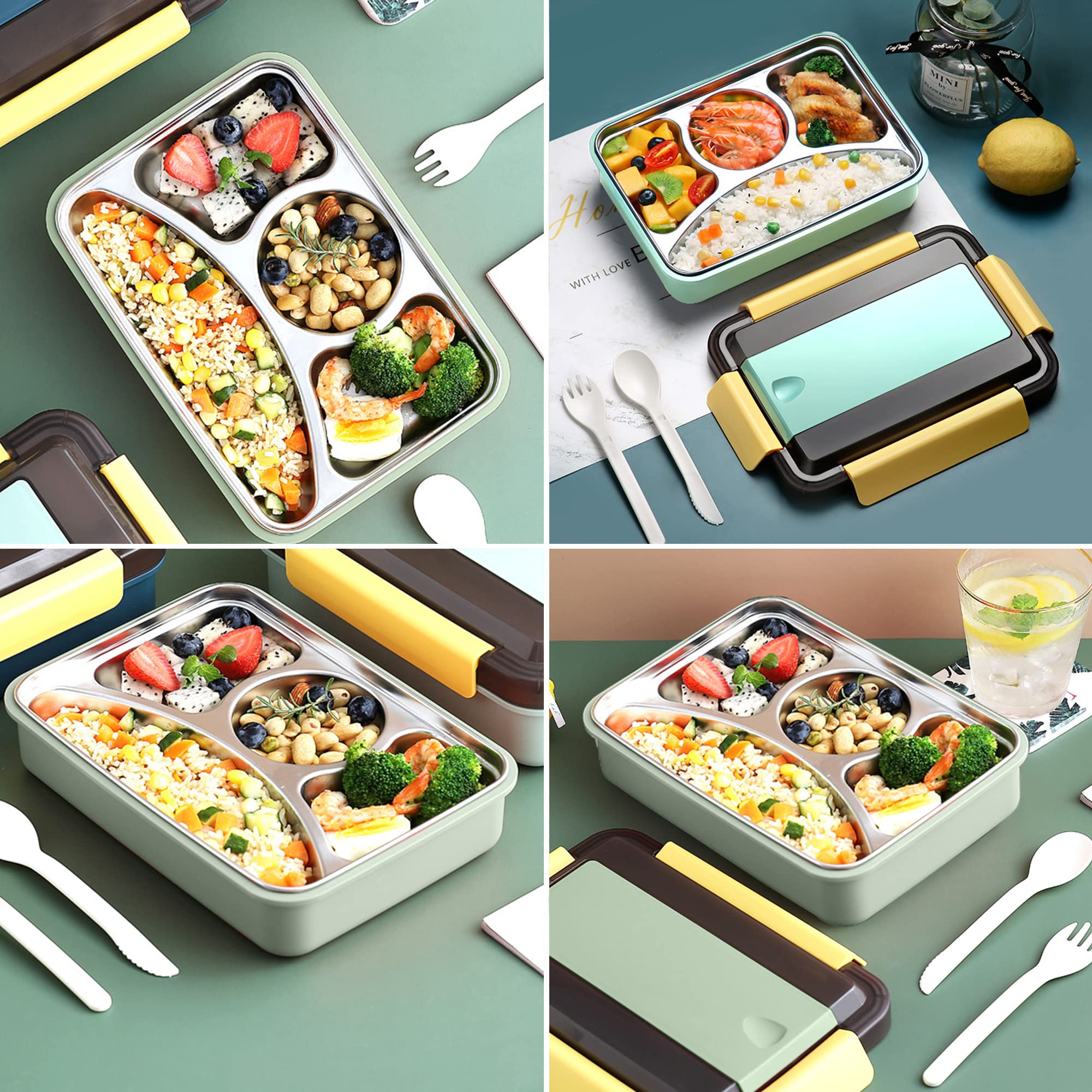 HASTHIP Lunch Box with Spoon Fork for Men Women Kids, 1000ml Stainless Steel Leakproof Bento Box with 4 Separate Compartments for School Office Camping (Light Green)