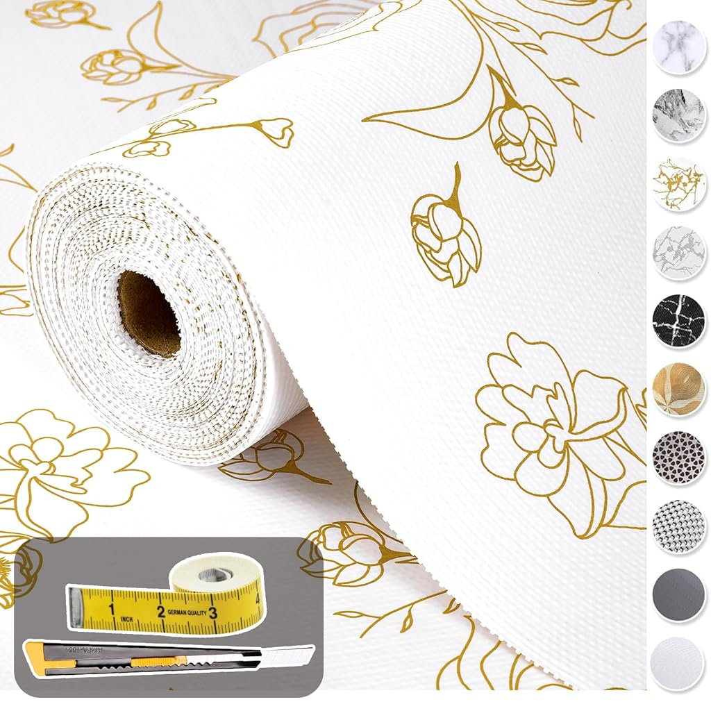 HASTHIP® 45cm x 300cm Non Adhesive Drawer Liner Gold Floral Thickened Shelf Liner Paper Strong Non-Slip Easy to Clean for Tool Box Refrigerator with Small (Random)
