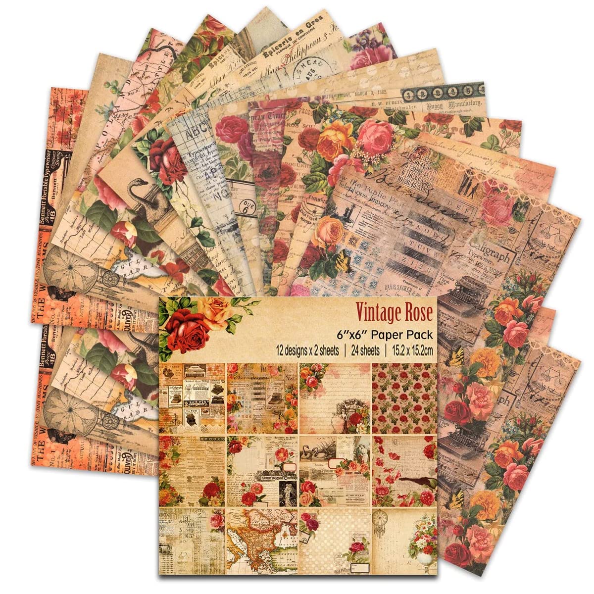 HASTHIP® 24 sheet Vintage Scrapbook Paper 6'' Retro Newspaper Scrapbooking Paper Decoration Paper DIY Crafting Paper Journaling Paper DIY Album Decoration Paper Gift Scrapbook Supplies