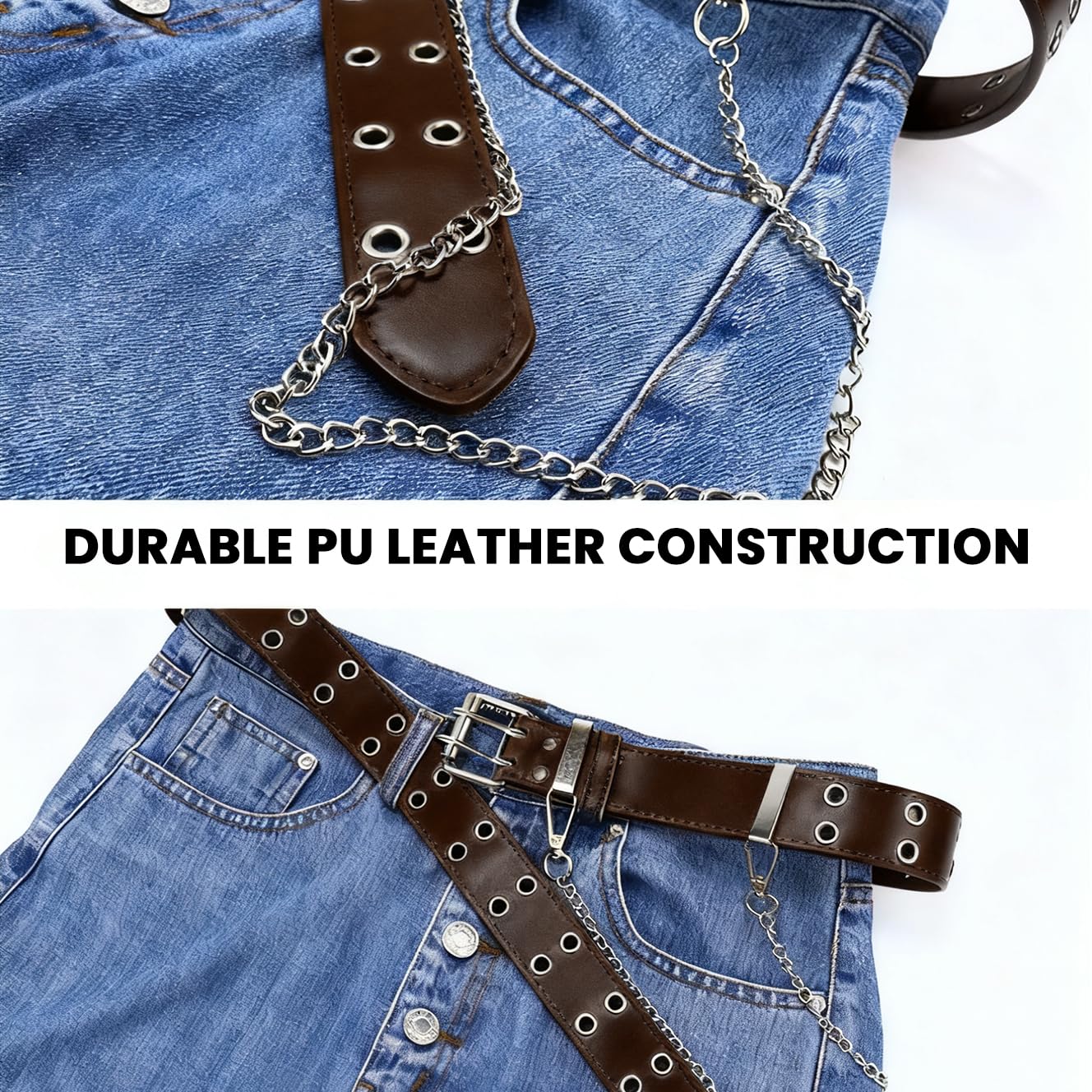 SANNIDHI Belt for Women Dresses with Dual Row Metal Eyelets and Chain Brown PU Leather | Fits Up to 110 cm