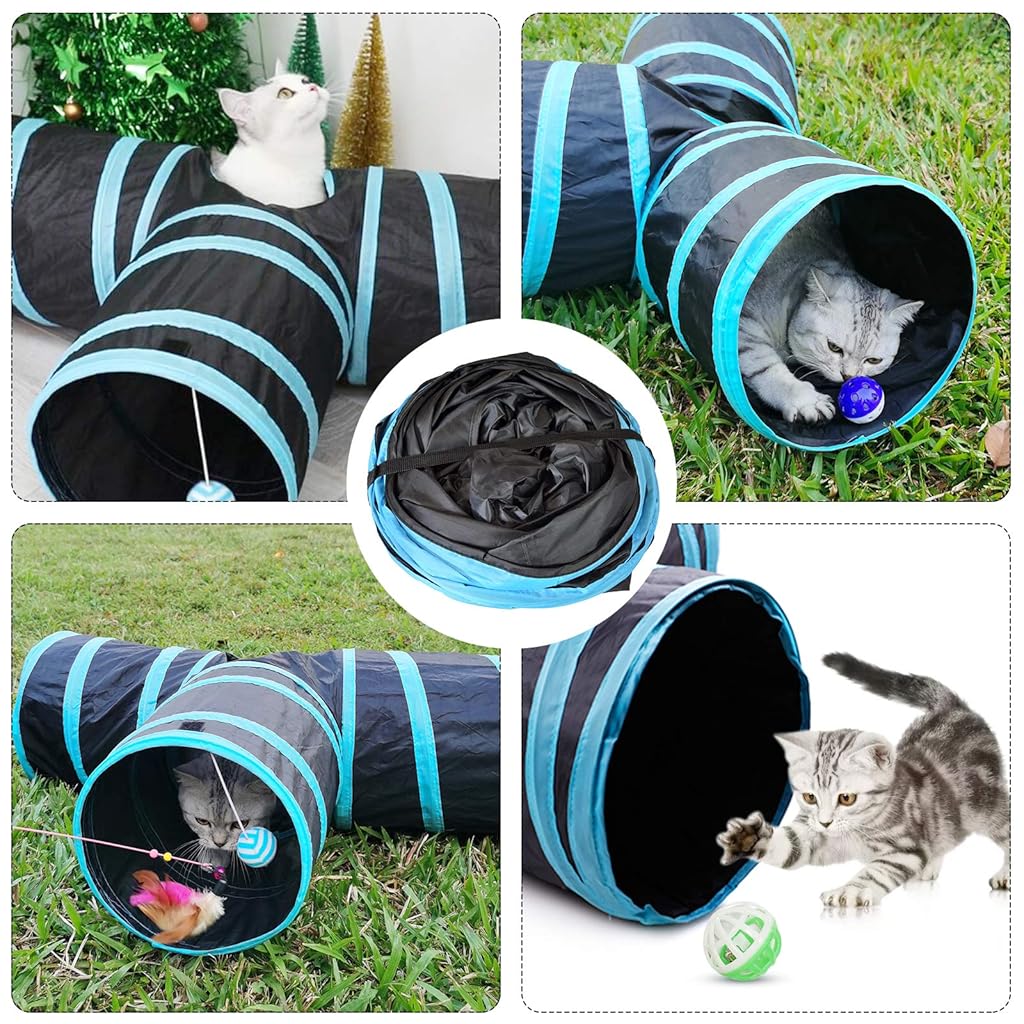 ZIBUYU® 3 Way Cat Tunnel Pet Tube Interactive Foldable Hiding Training Toy for Cat Kitten Rabbit and Puppies with Hanging Teaser Toy(Blue)