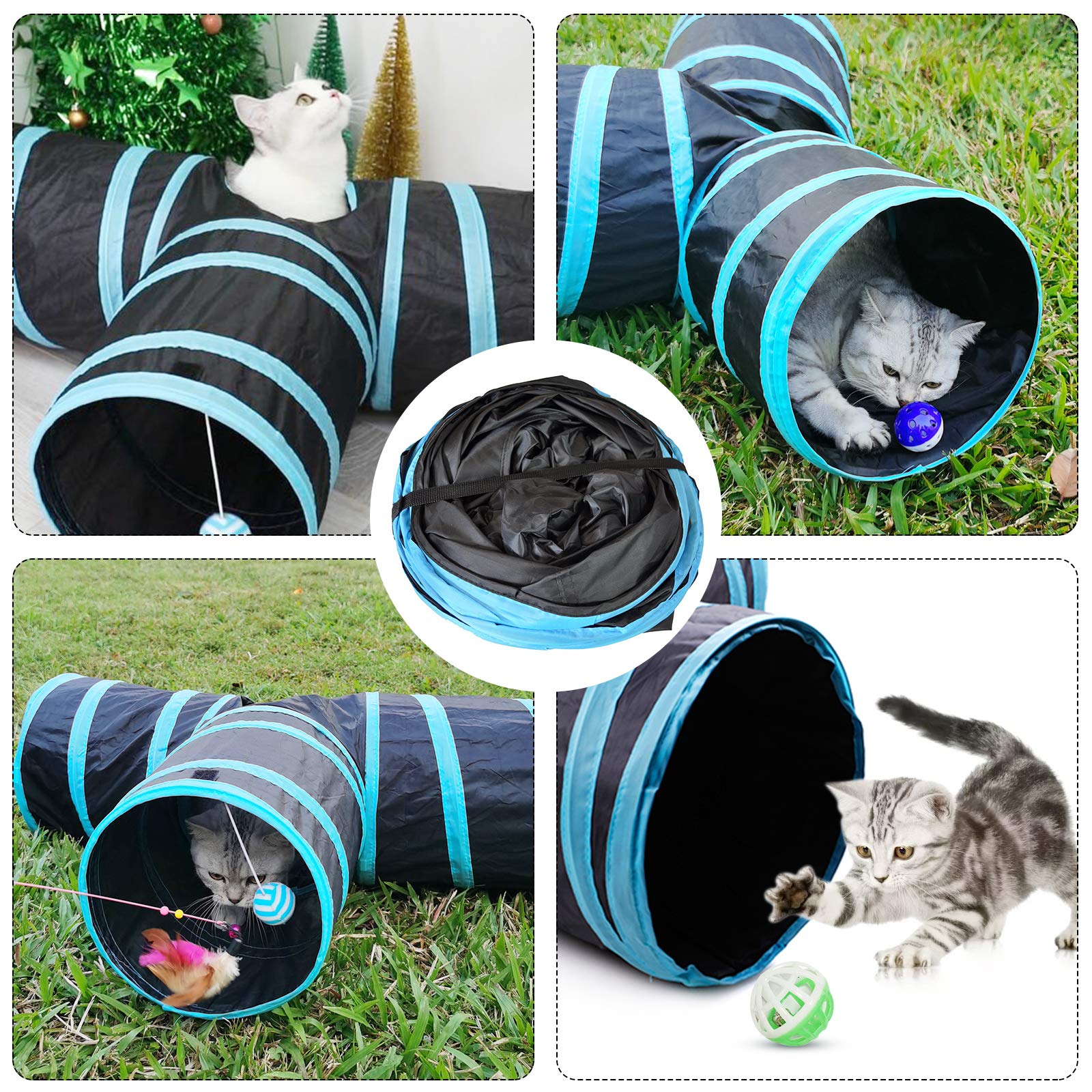 ZIBUYU Cat Tunnel Toy for Kittens featuring 3 Way Foldable Design 28cm Arms | Blue Polyester