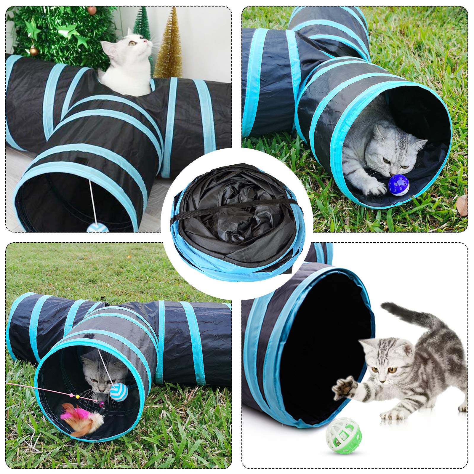 ZIBUYU 3 Way Cat Tunnel Pet Tube Interactive Foldable Hiding Training Toy for Cat Kitten Rabbit and Puppies with Hanging Teaser Toy(Blue)