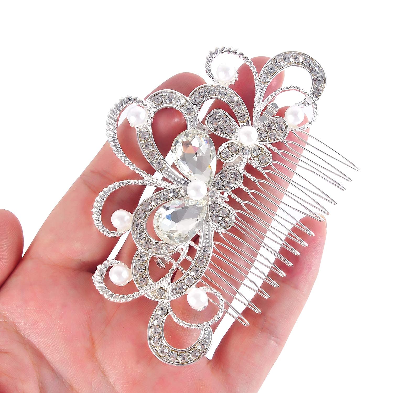 PALAY® 2 Pcs Bridal Hair Clips-Dainty Flowered Headpiece White Cream Flower Beads Hair Comb Vintage Crystals Hair Comb Hair Accessory for Women & Girls