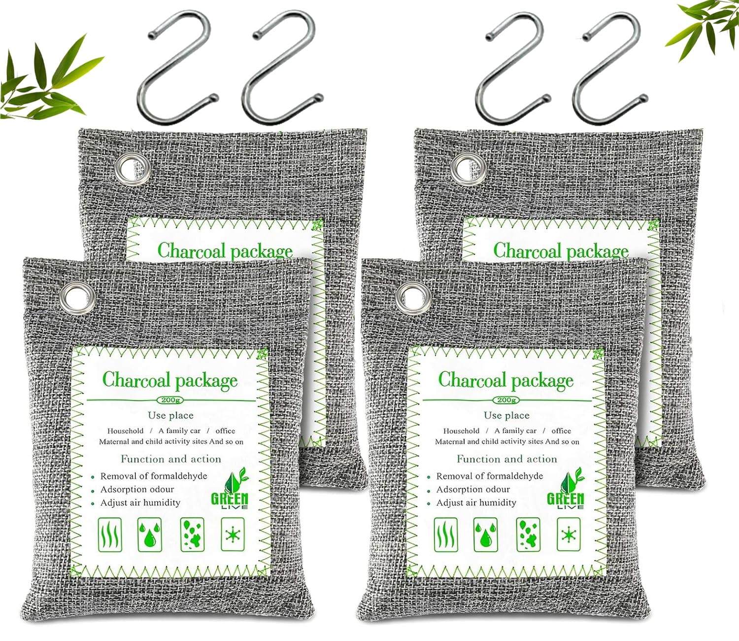 STHIRA Activated Charcoal Odor Absorber for Car and Closet with Hooks 4 Pack 200g Each | Non Toxic and Pet Safe Air Purifier