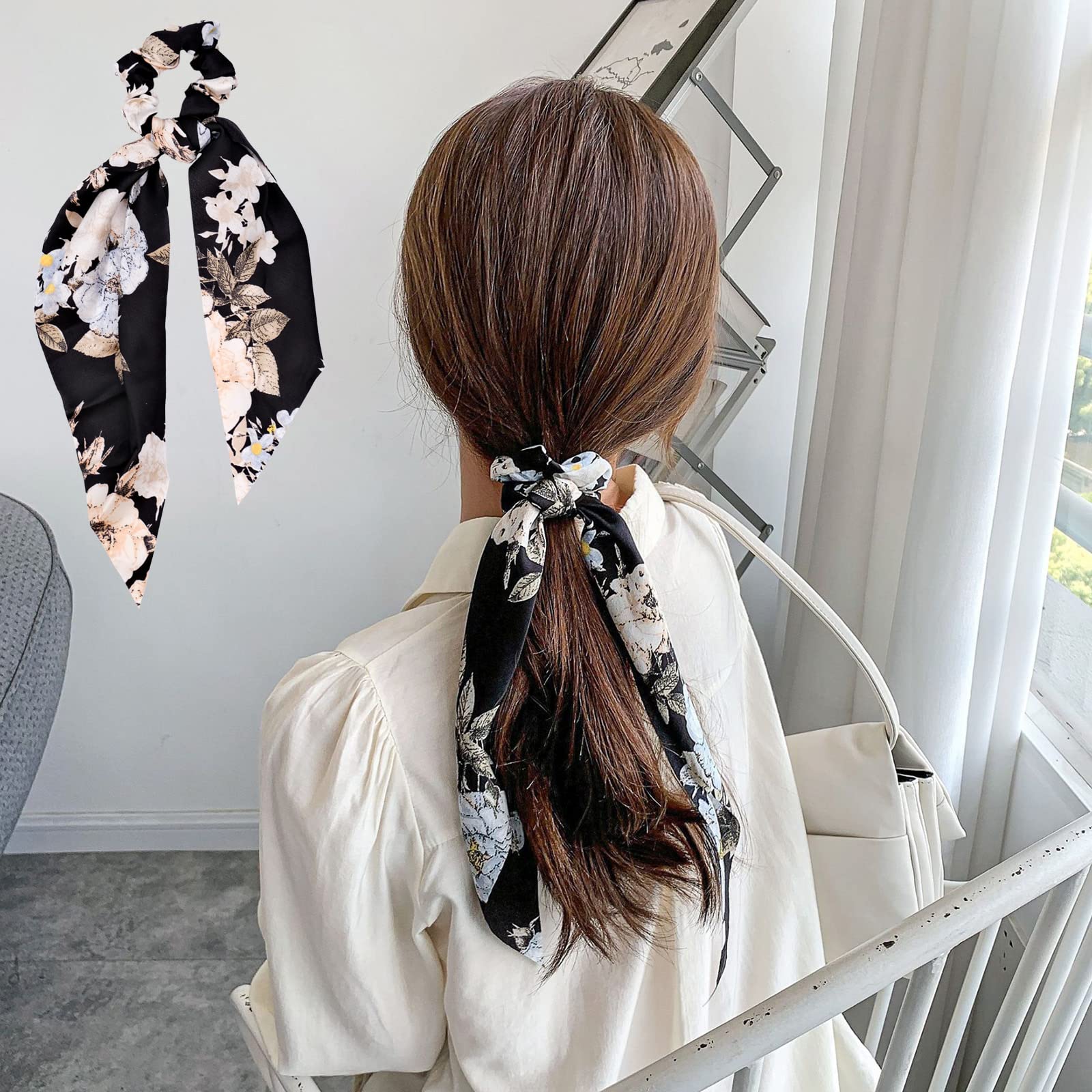 MAYCREATE Hair Scarf Scrunchies Set for Women with Soft Elastic Bands and Floral Ribbons | 5 Pcs