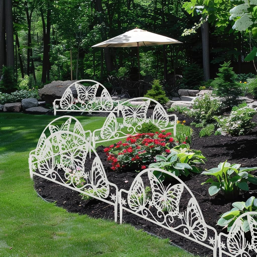 HASTHIP® Outdoor Garden Fence Border Edging Decorative Cut Out Butterfly Picket Panels Plastic Flower Fencing for Pathway Yard Lawn 8PCS