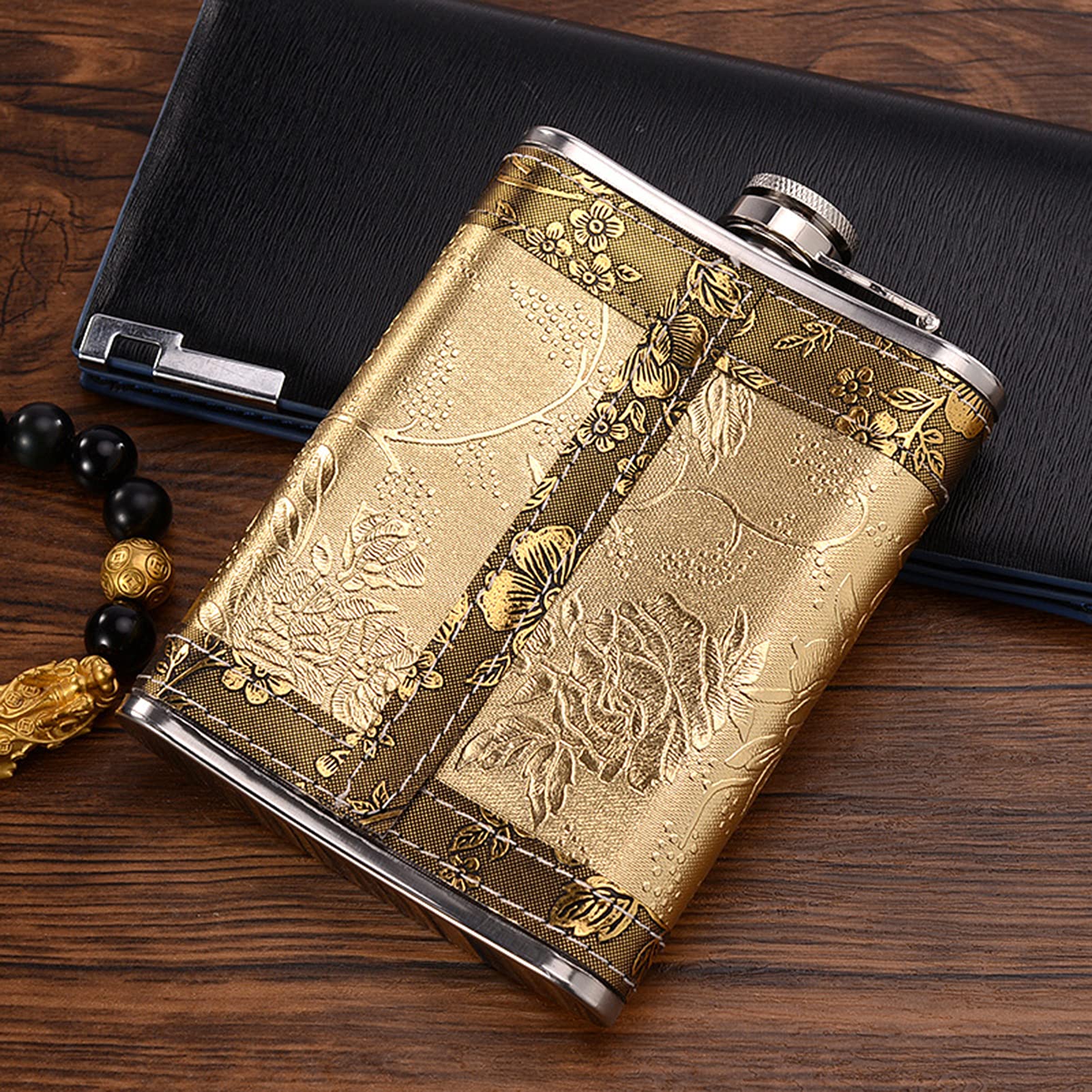 ELEPHANTBOAT Whiskey Flask for Travel and Gift with Tight-Seal Lid and Two Cups 8oz Stainless Steel Yellow