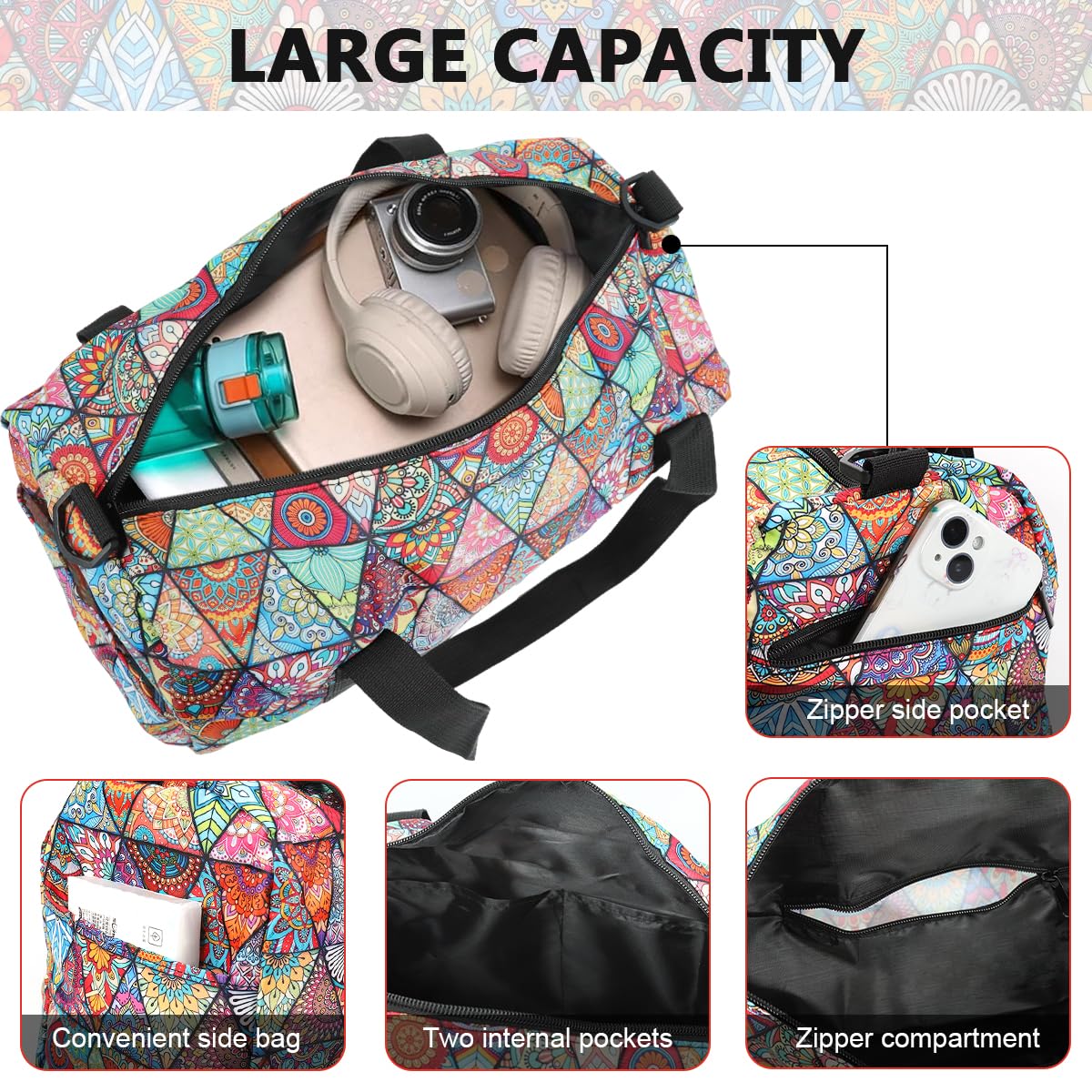 PALAY Sports Gym Bag for Travel and Workouts with Dual Zipper and 17.6x9x9 in Storage | Nylon Mandala Design