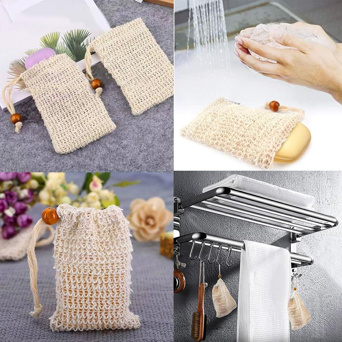 HASTHIP Soap Bag for Bath and Shower Use with Drawstring Design 10 Pack Natural Sisal | Exfoliating Foaming and Drying Soap Saver Pouches