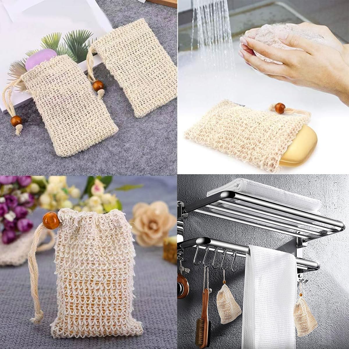 HASTHIP® Soap Bag, 10-Pack Natural Sisal Soap Saver Pouches with Drawstrin, Hand Made Soap Bag Mesh Soap for Bath & Shower Use, Exfoliating Foaming and Drying Soap Holder for Shower