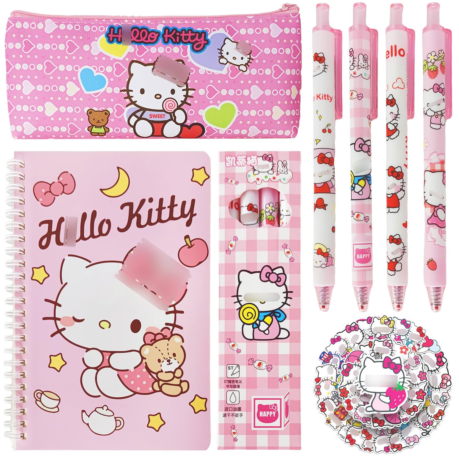 FANCYKU® Cute Kitty School Supplies Set - Gel Pens, Journal Notebook, 50 Stickers, Pencil Cse, Kawaii Stationery Set, Back to School Gift